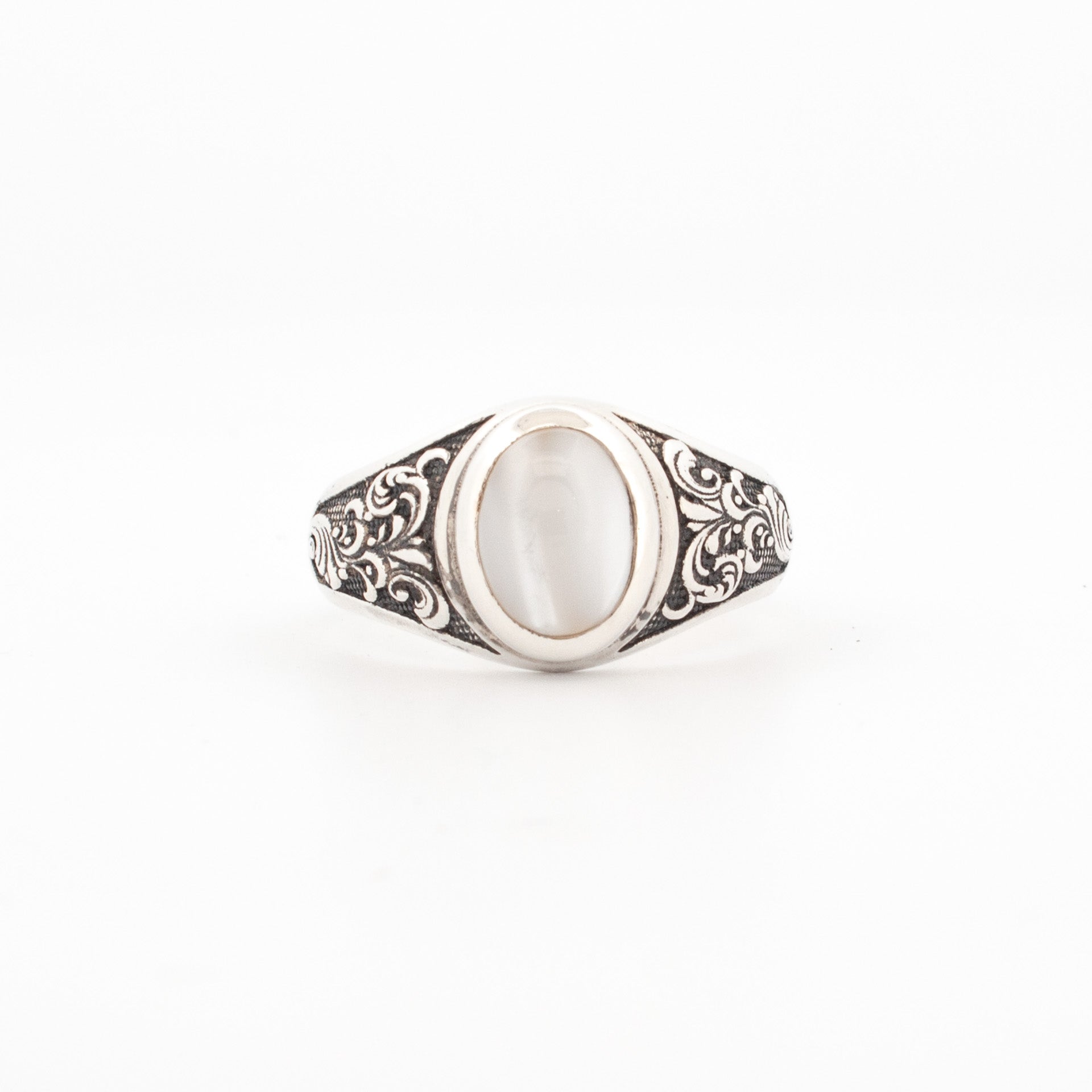 Mother of Pearl Ring with Engraved Shoulder Detail