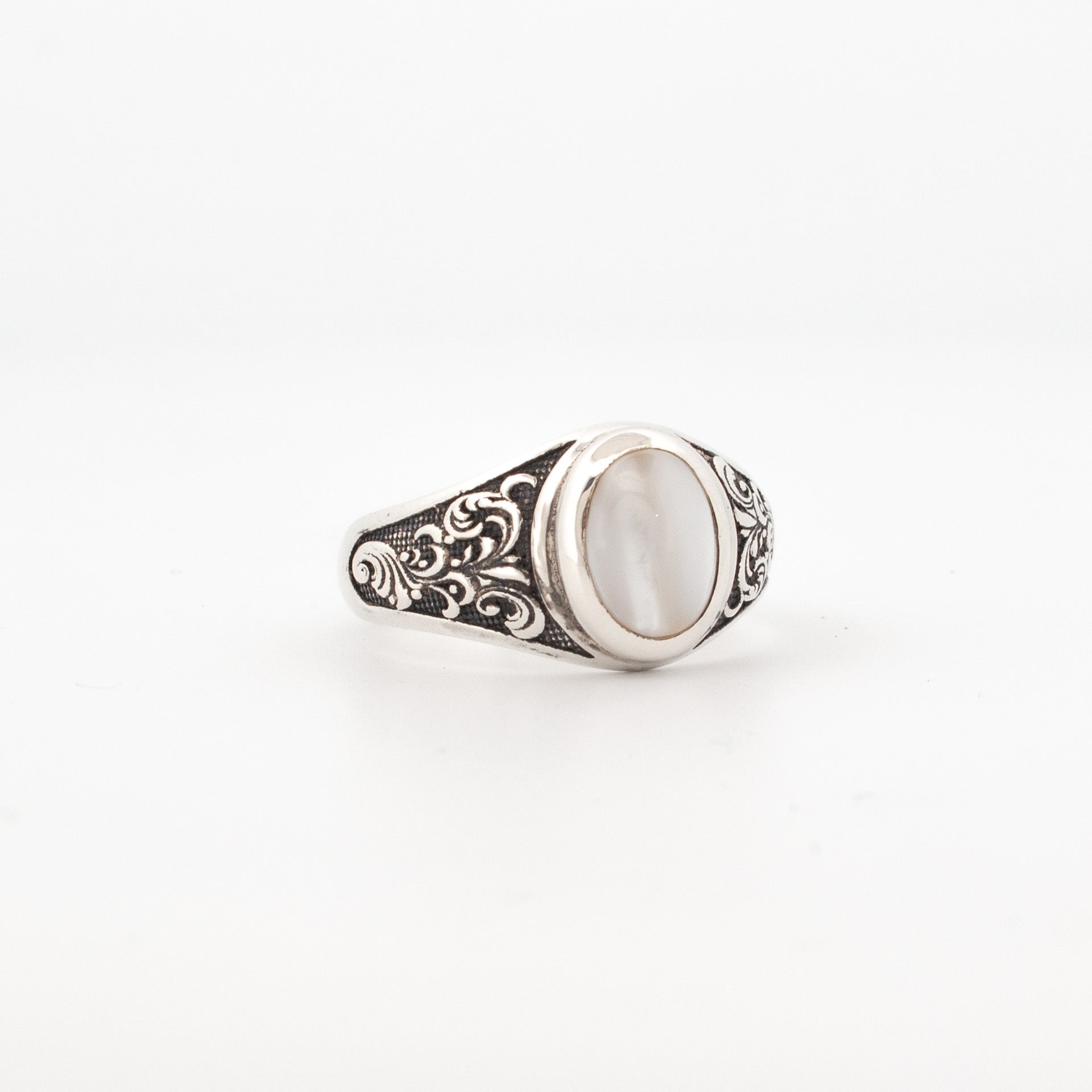 Mother of Pearl Ring with Engraved Shoulder Detail