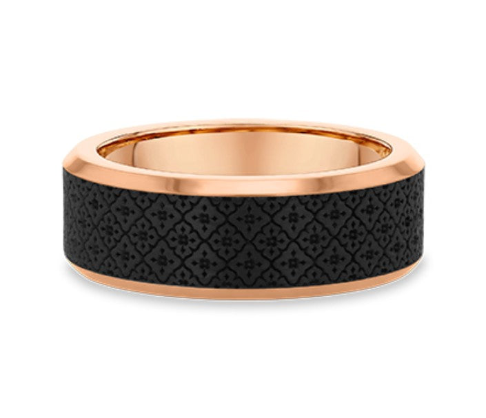 Rose gold band ring with a textured carbon fiber inlay featuring a repeating geometric diamond pattern