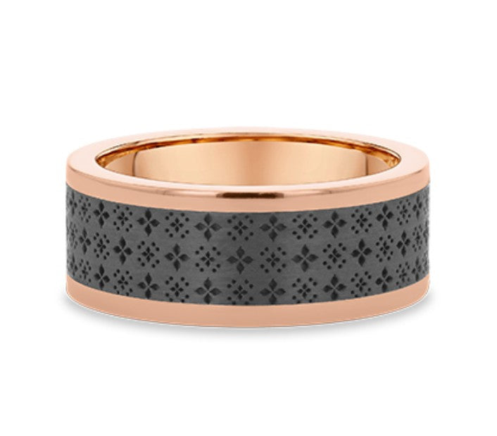 Rose gold band ring with a textured carbon fiber inlay featuring a repeating geometric diamond pattern