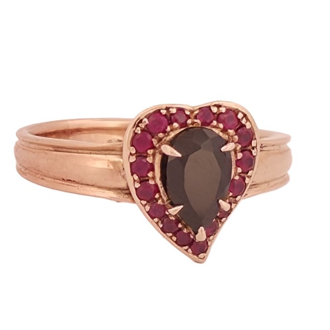 Rose Gold Heart Shaped Ring with Pear Shaped Spinel surrounded by rubies