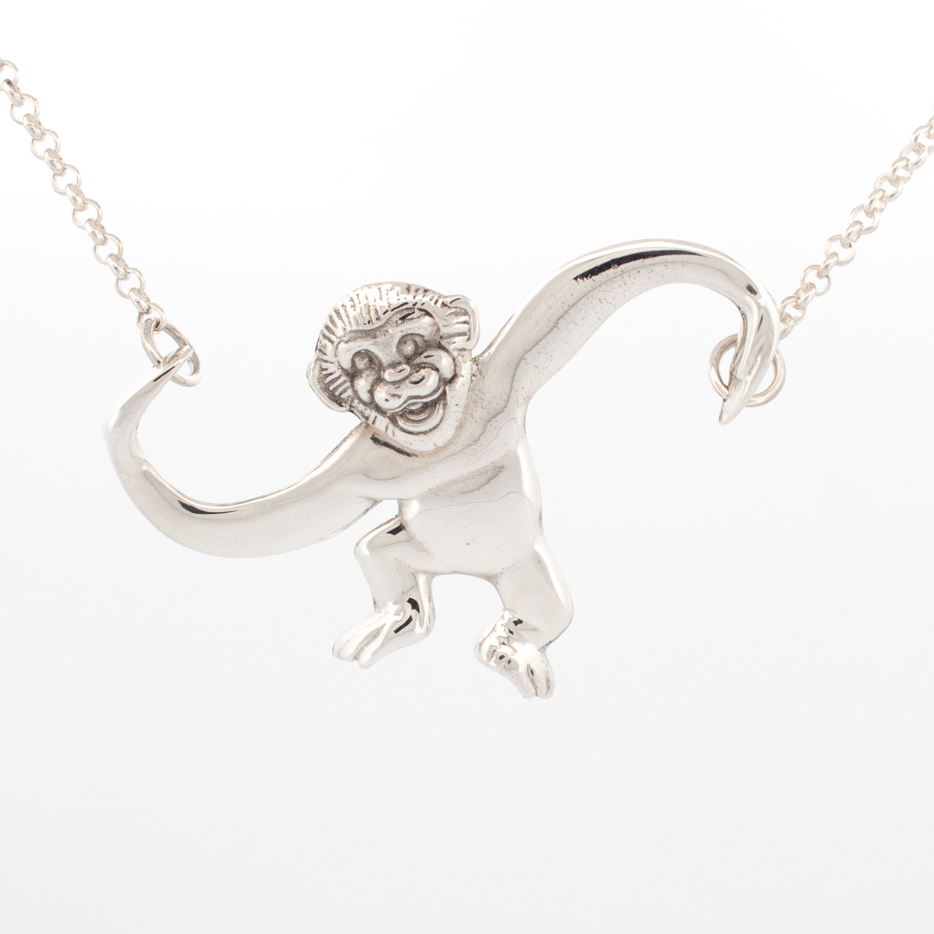 Sterling silver monkey pendant necklace on 50cm belcher link chain, adjustable length
