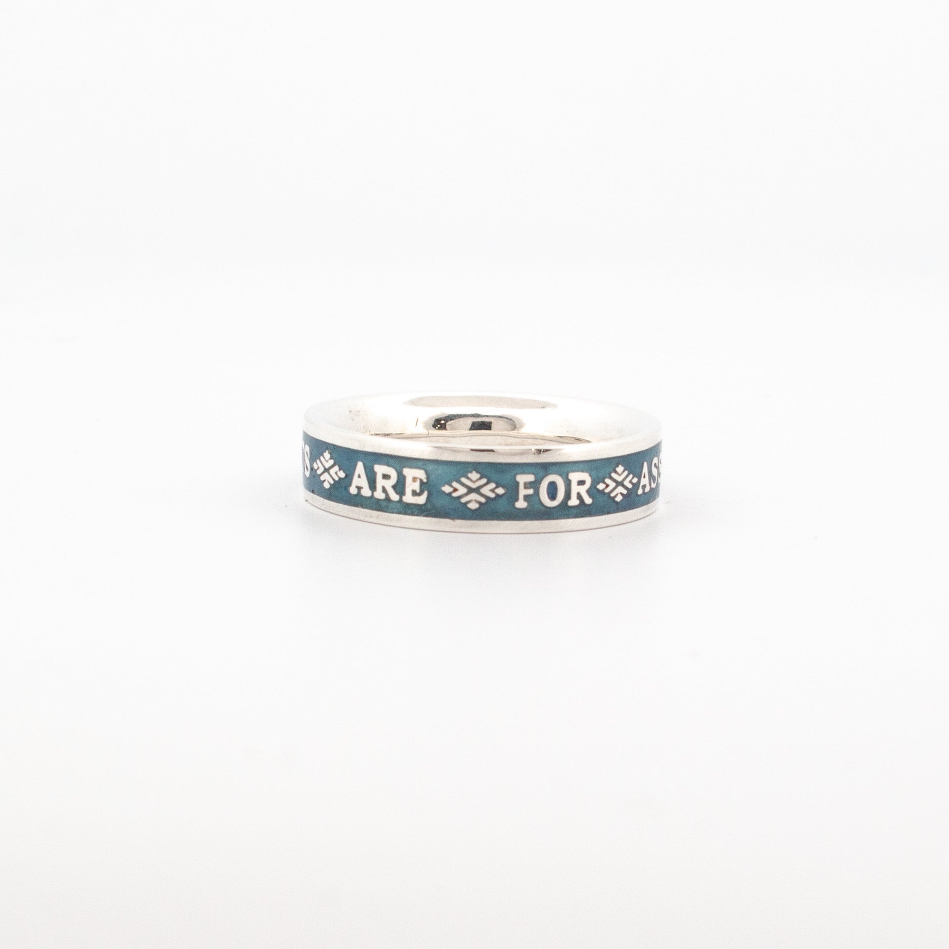 Sterling silver ring with blue enamel band engraved with Frank Zappa quote "Broken Hearts are for Assholes"; handmade statement ring in oxidised finish.