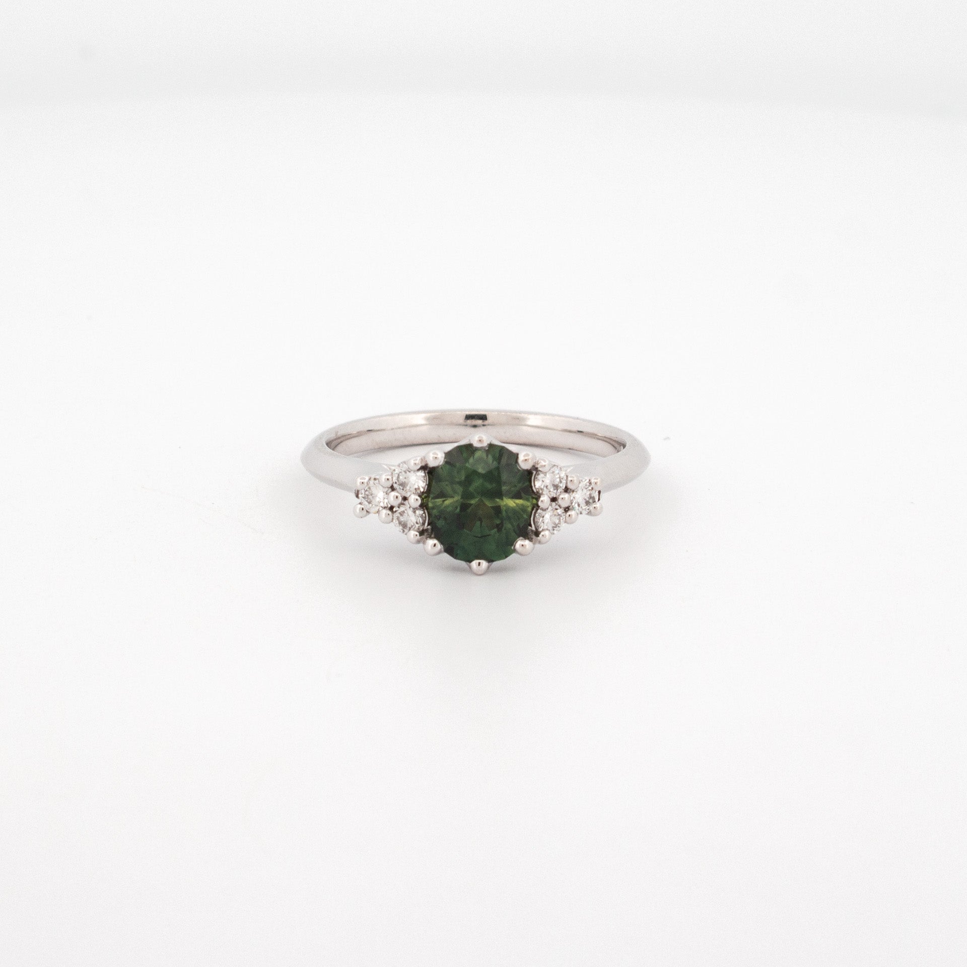 fancy cut Australian Parti Sapphire, with lab grown diamond shoulder stones, set in 18ct white gold.