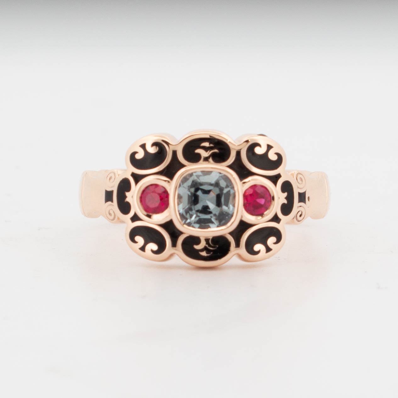 Memento Mori Grey Spinel Ring with Rubies