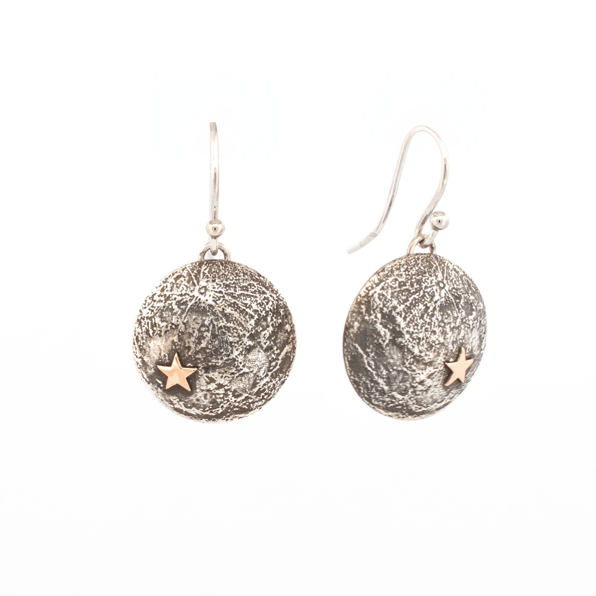 Sterling silver topographical moon map earrings with 9ct rose gold stars, 20mm drops
