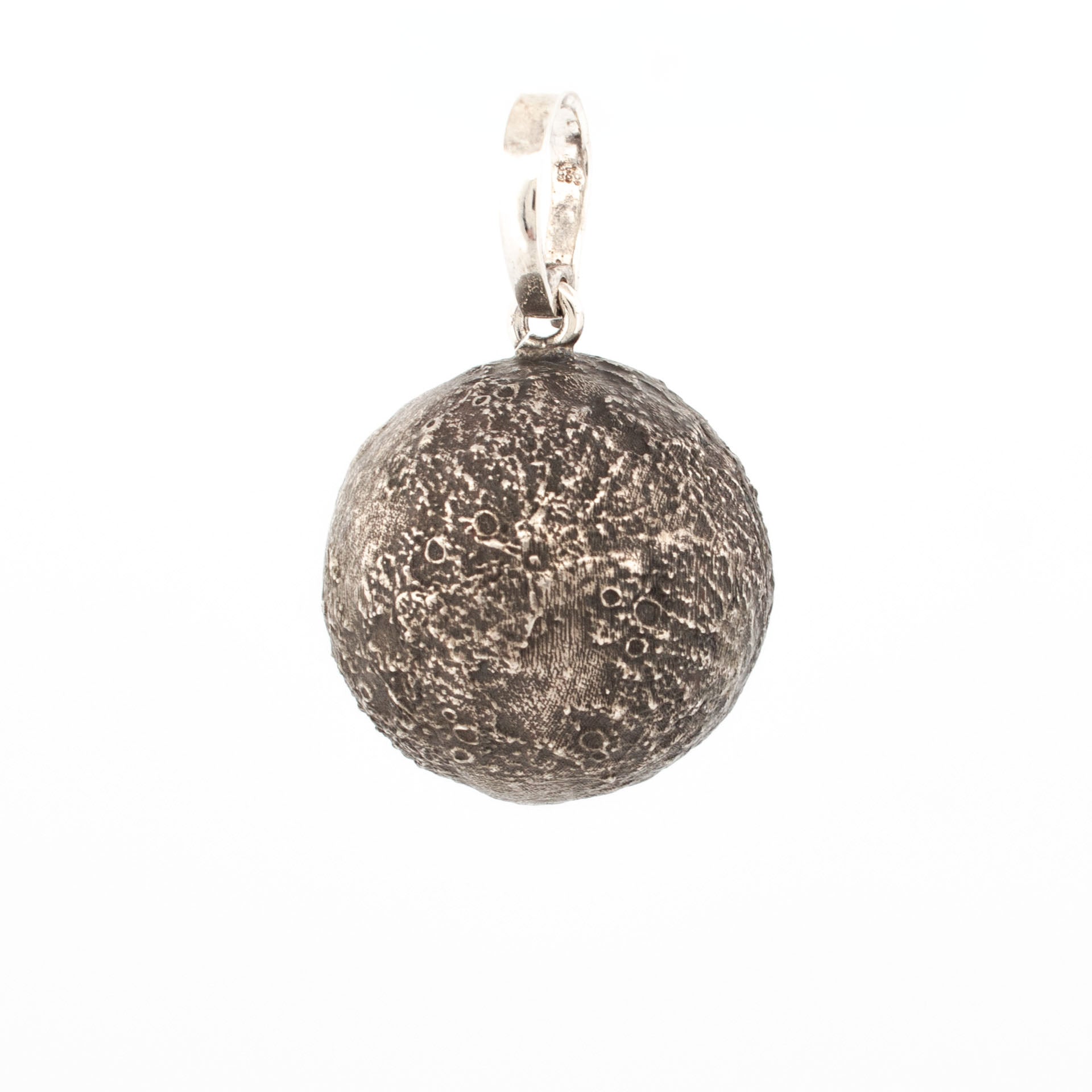 Oxidised sterling silver moon pendant with detailed topographical lunar surface and hinged enhancer bail, 22mm