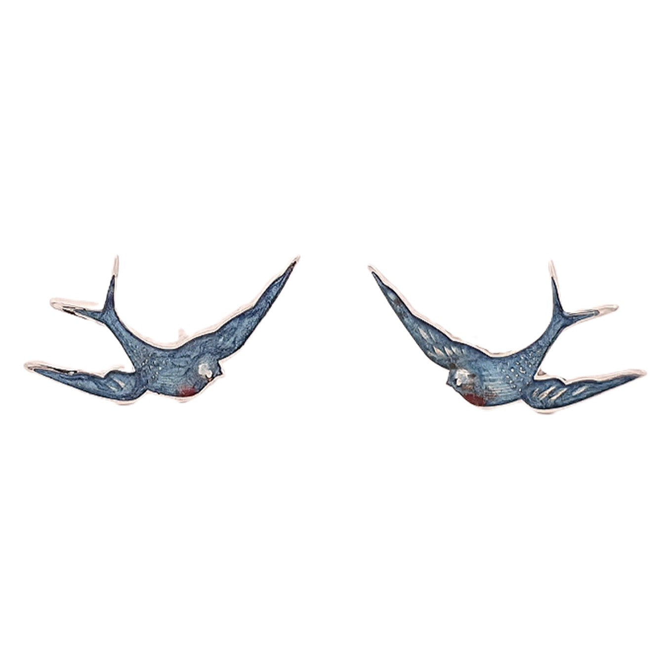 Sterling silver stud earrings featuring stylised bluebird silhouettes with hand-applied blue and red enamel detailing, lightweight, handcrafted bird-themed jewellery ideal for nature lovers and everyday wear.
