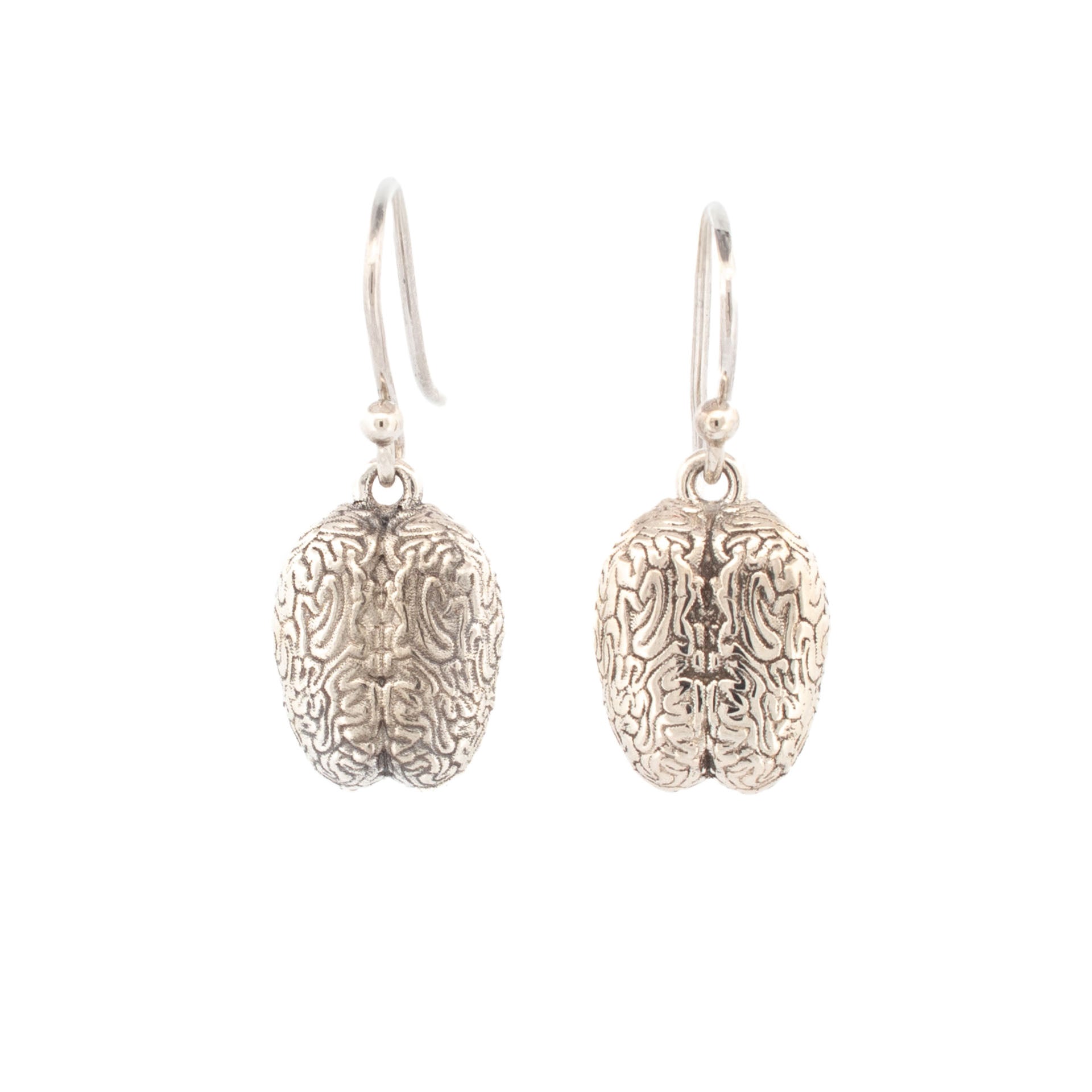 Sterling silver brain drop earrings with detailed anatomical folds
