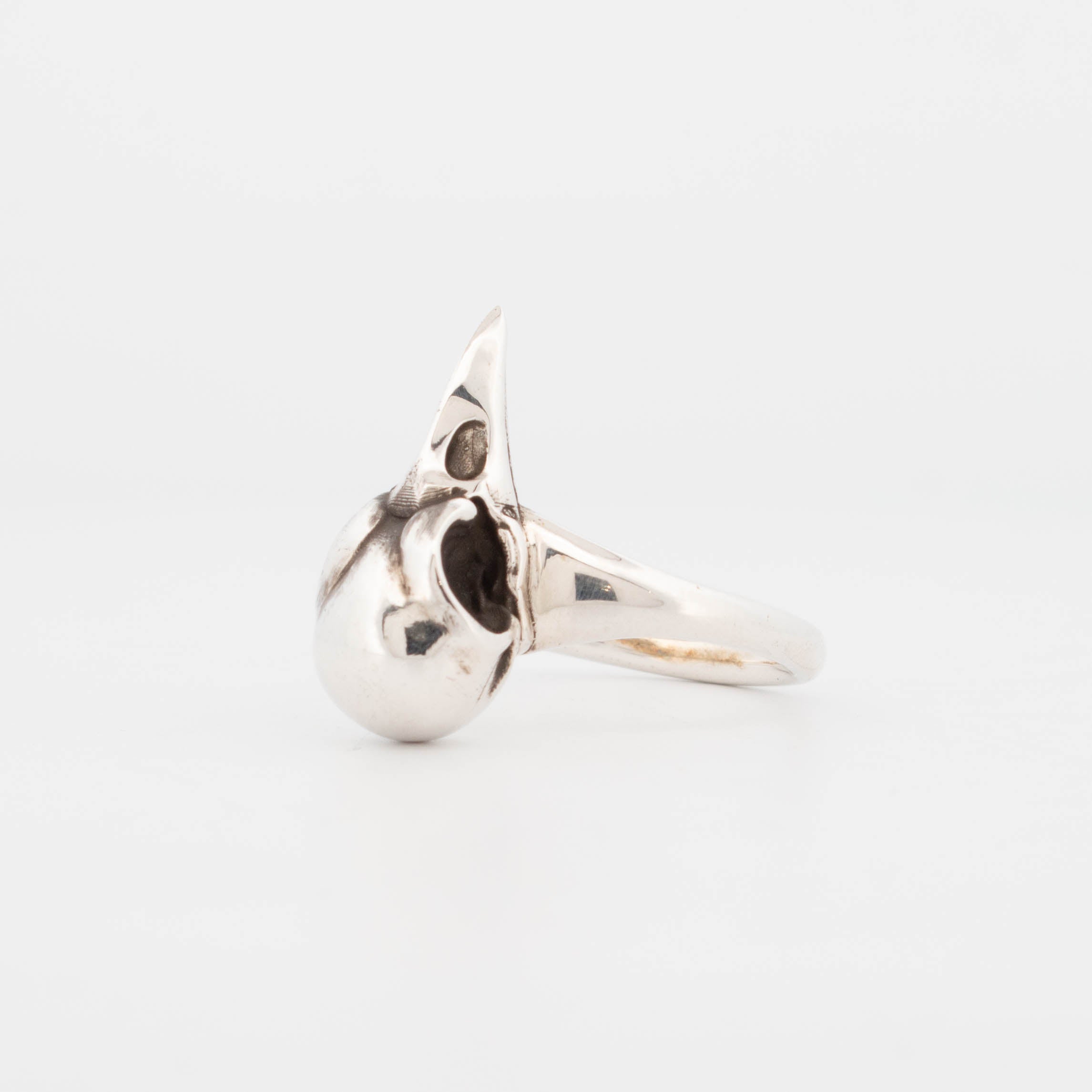 Sterling silver ring featuring a detailed three-dimensional raven skull with pronounced beak and hollowed eye sockets; handcrafted gothic-style statement piece with high-polish finish.