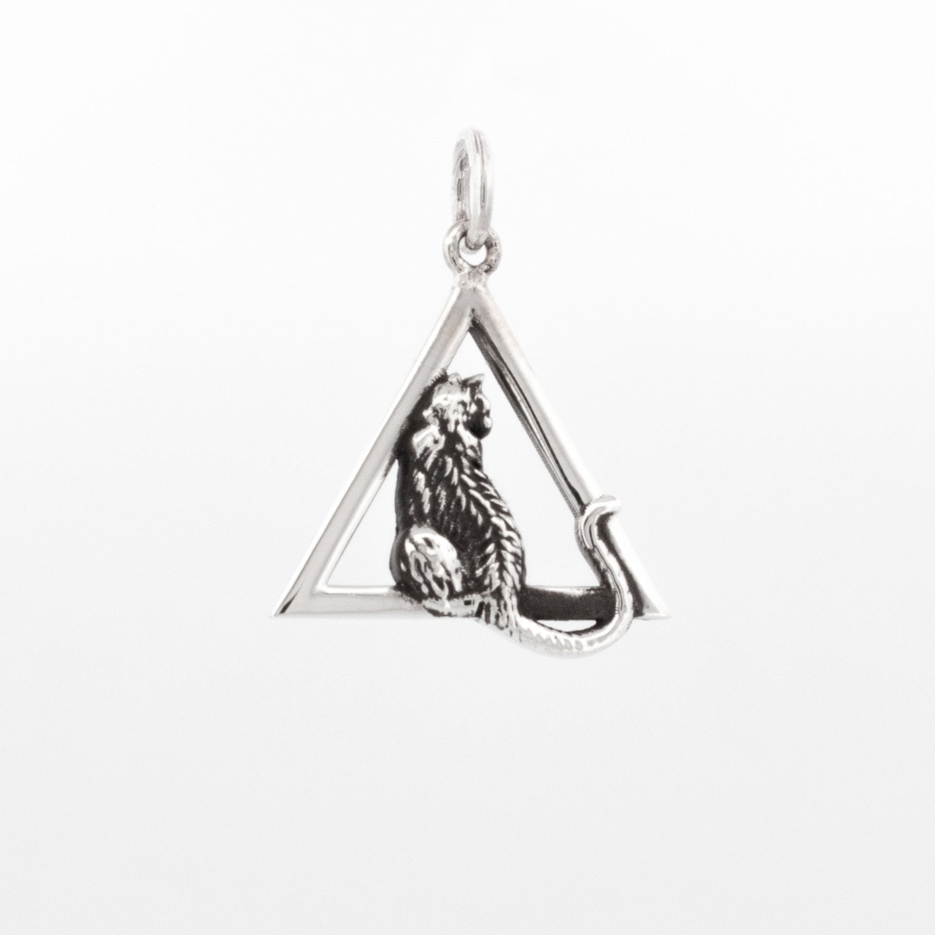 Sterling silver pendant featuring a detailed sitting cat framed inside a geometric triangle outline with a curved tail accent.