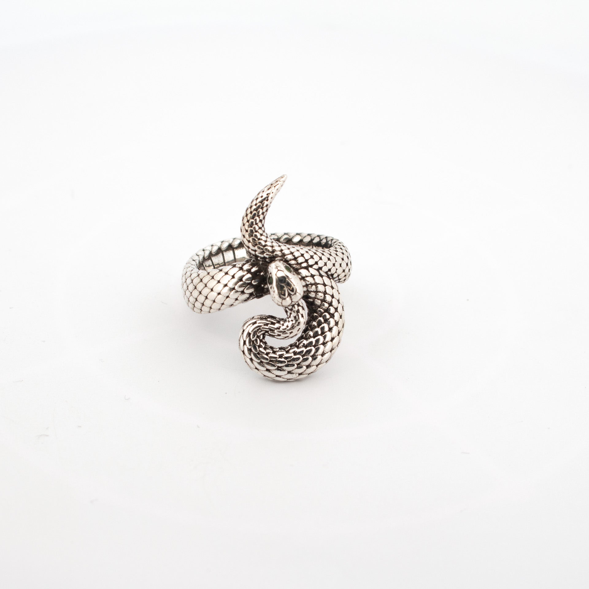 Sterling Silver Snake Ring with detailed scales and ruby gemstone eyes, coiled serpent design, handmade silver jewellery.