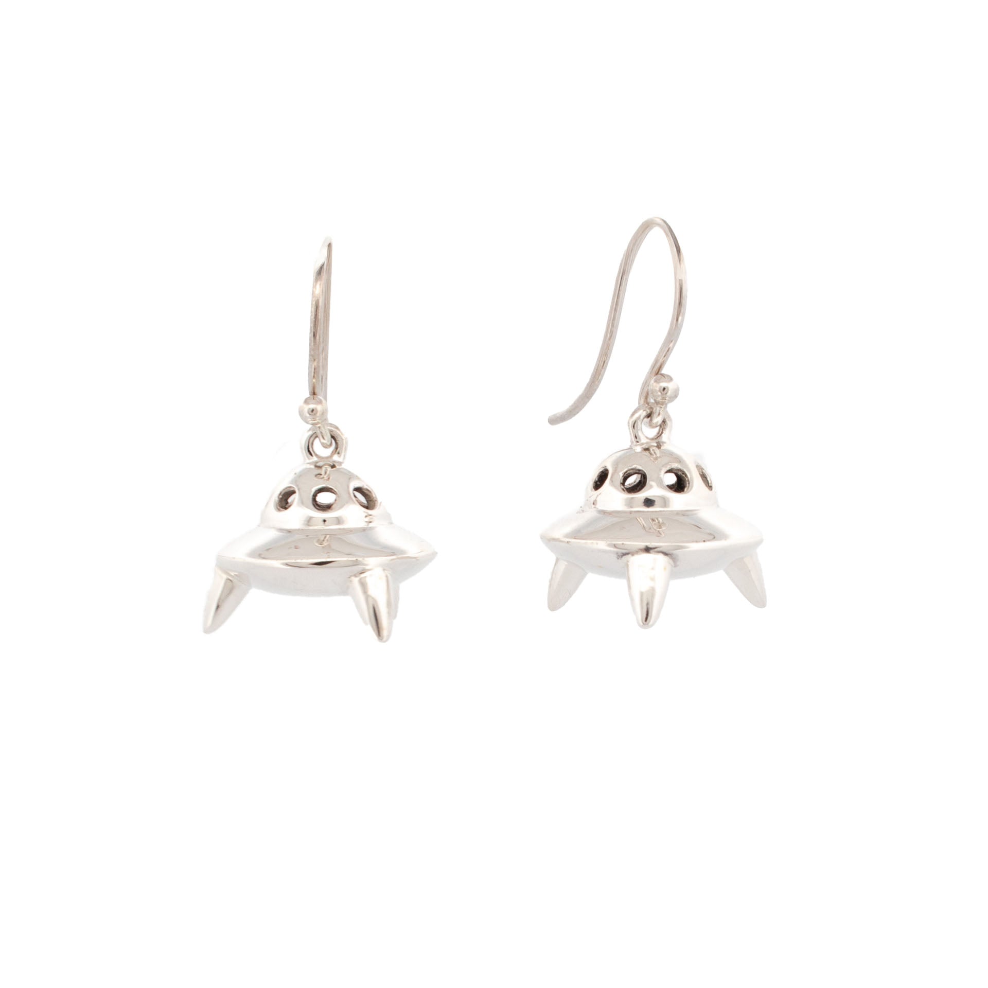 Sterling silver UFO earrings with polished dome and landing legs, part of UFO jewellery collection