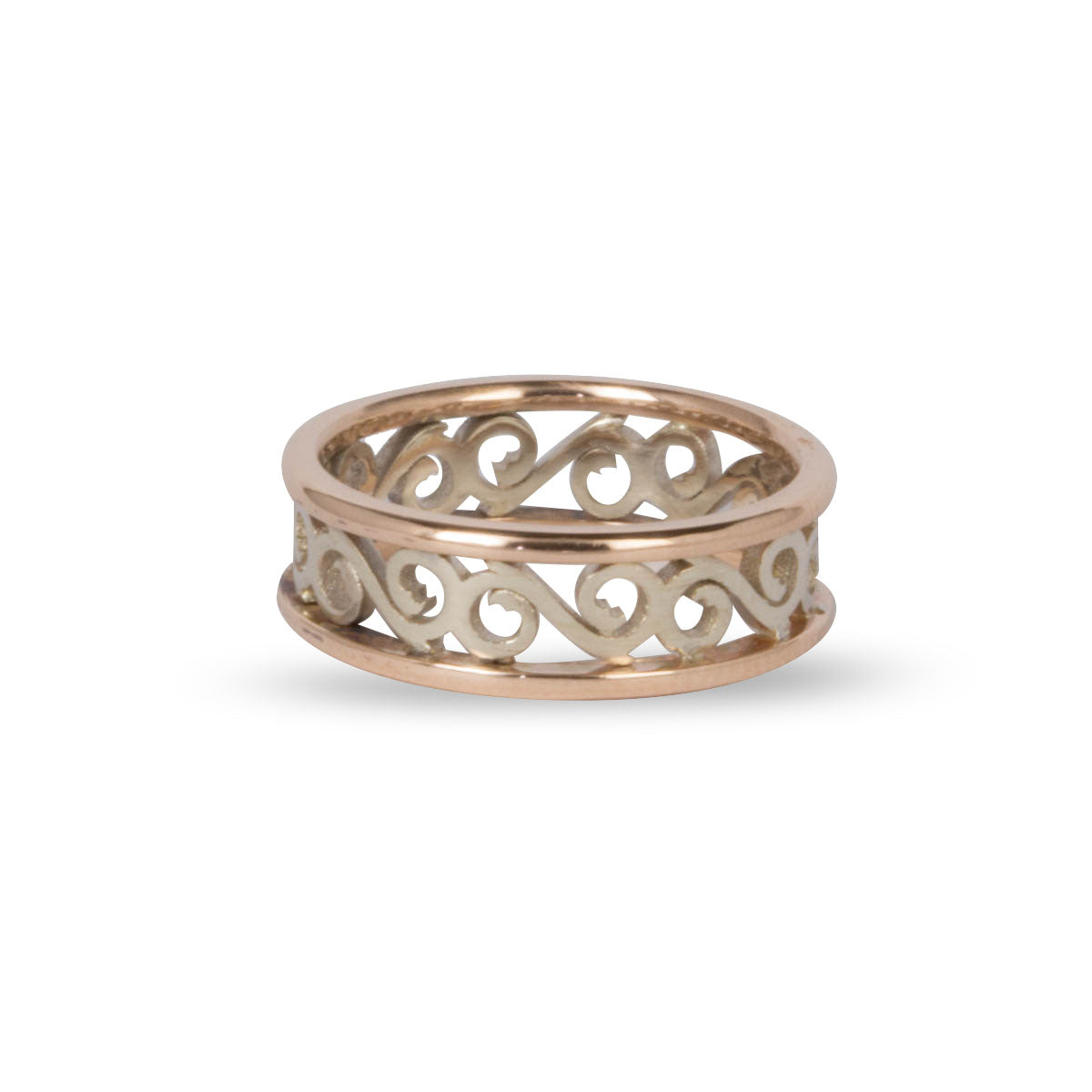 9ct rose and white gold scrollwork wedding ring with antique hand engraving inspired filigree design.