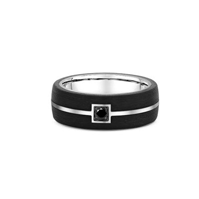 Carbon fibre ring with inlaid black diamond and polished white gold accent stripe, modern men’s wedding band