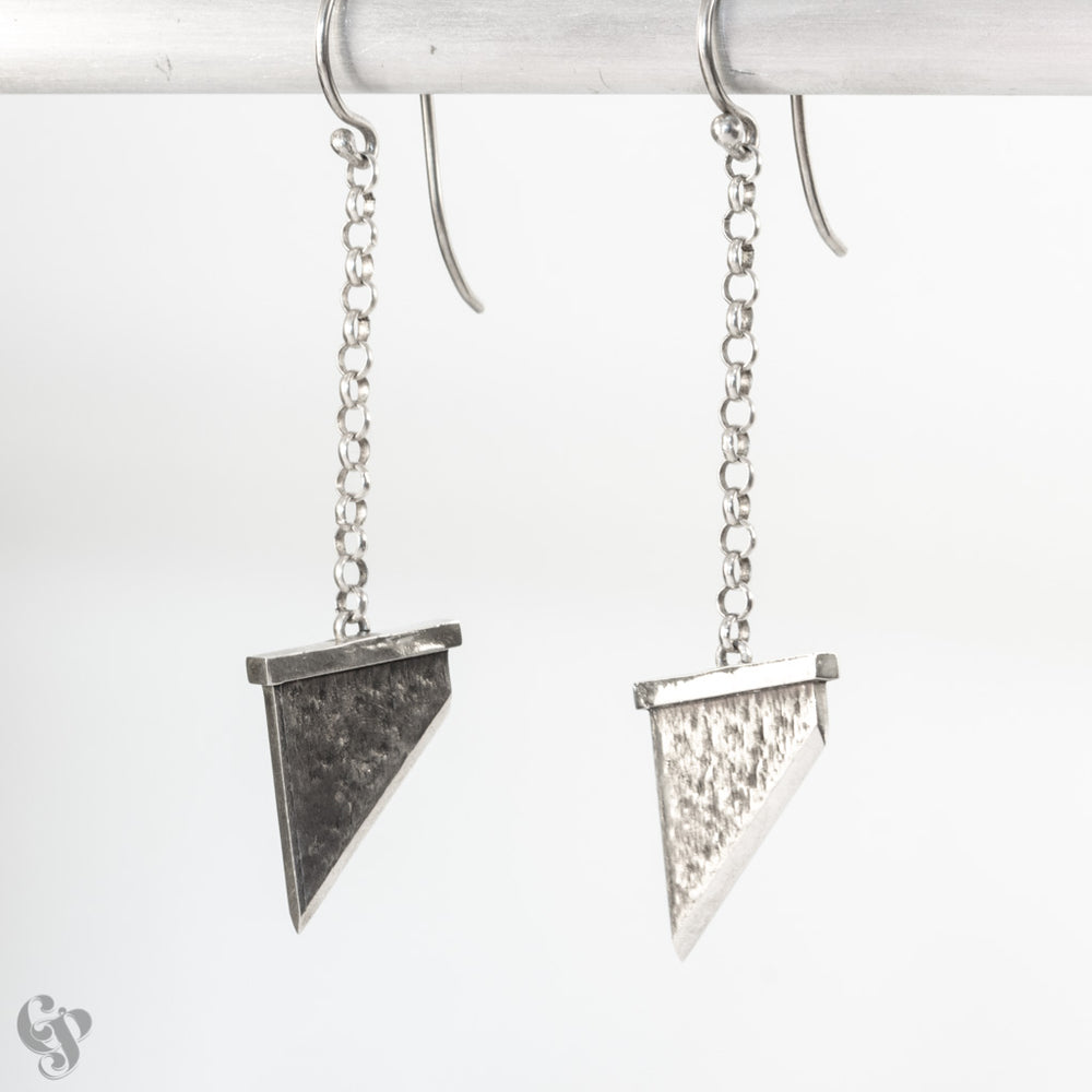 Sterling silver guillotine blade drop earrings on chain, textured finish