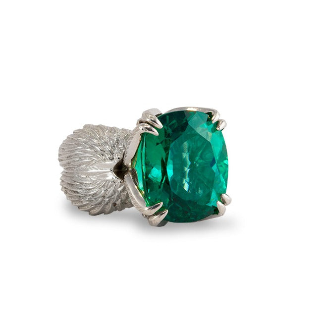 "Wings Of Desire" Palladium and Rectangular Cushion Cut Green Stone Ring