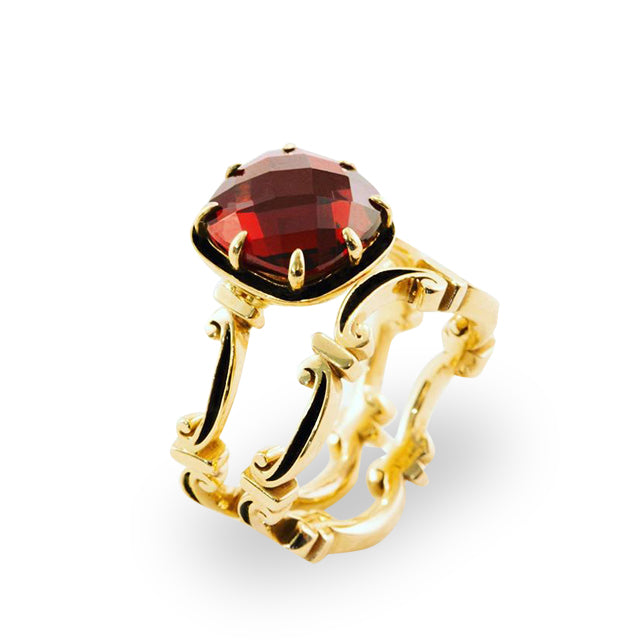 Medieval Scroll Garnet Ring with Black Enamel Detail