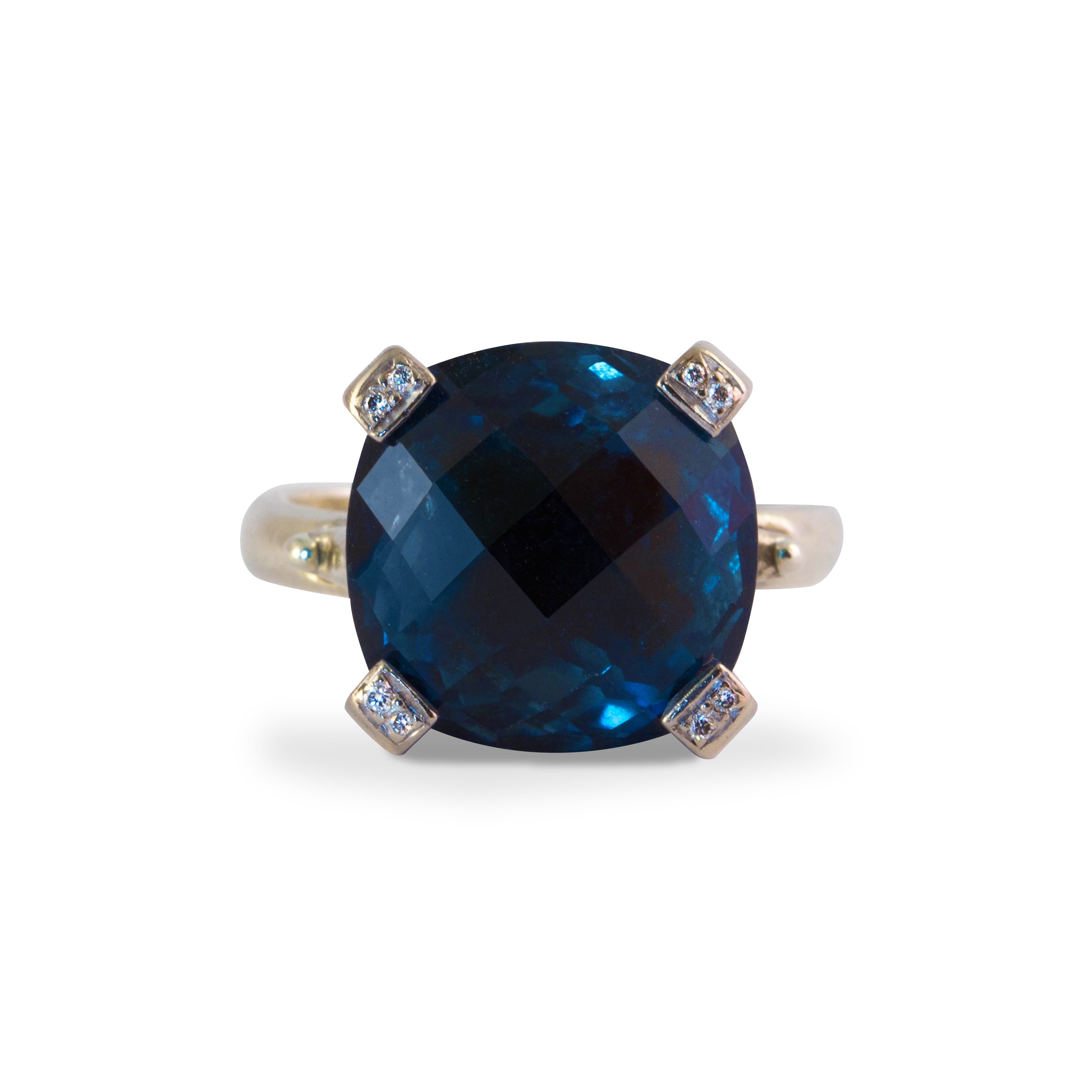 Cushion Cut London Blue Topaz Ring with Diamond Set Claws