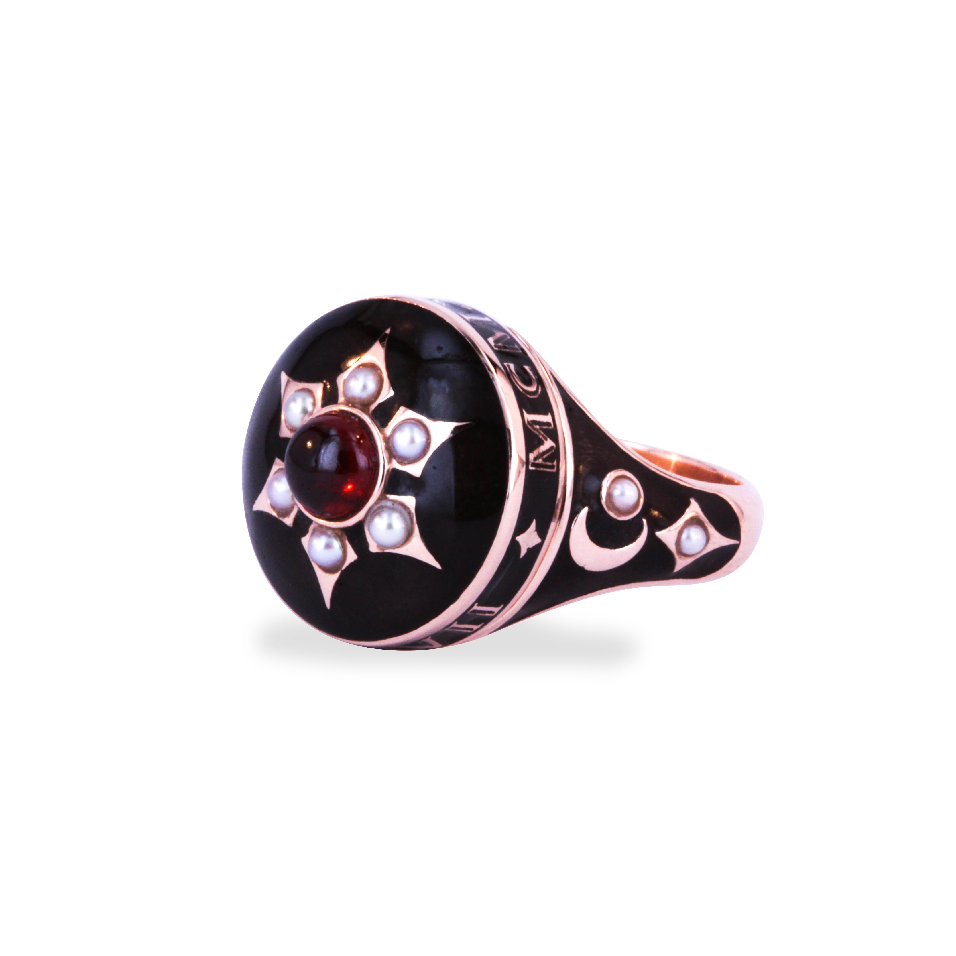 Rose Gold Garnet Seed Pearl and Black Enamel Memorial Ring