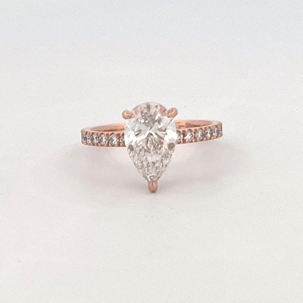 18ct rose gold ring with 2ct pear-shaped diamond and brilliant cut diamond shoulders, handmade engagement ring Sydney.