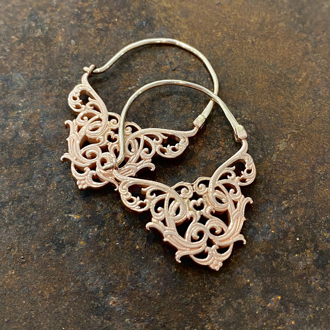 9ct rose gold Art Nouveau inspired earrings with openwork scroll design
