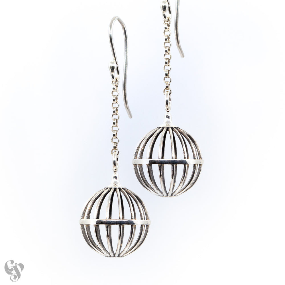 Sterling silver round birdcage drop earrings, 20mm wide and 40mm long