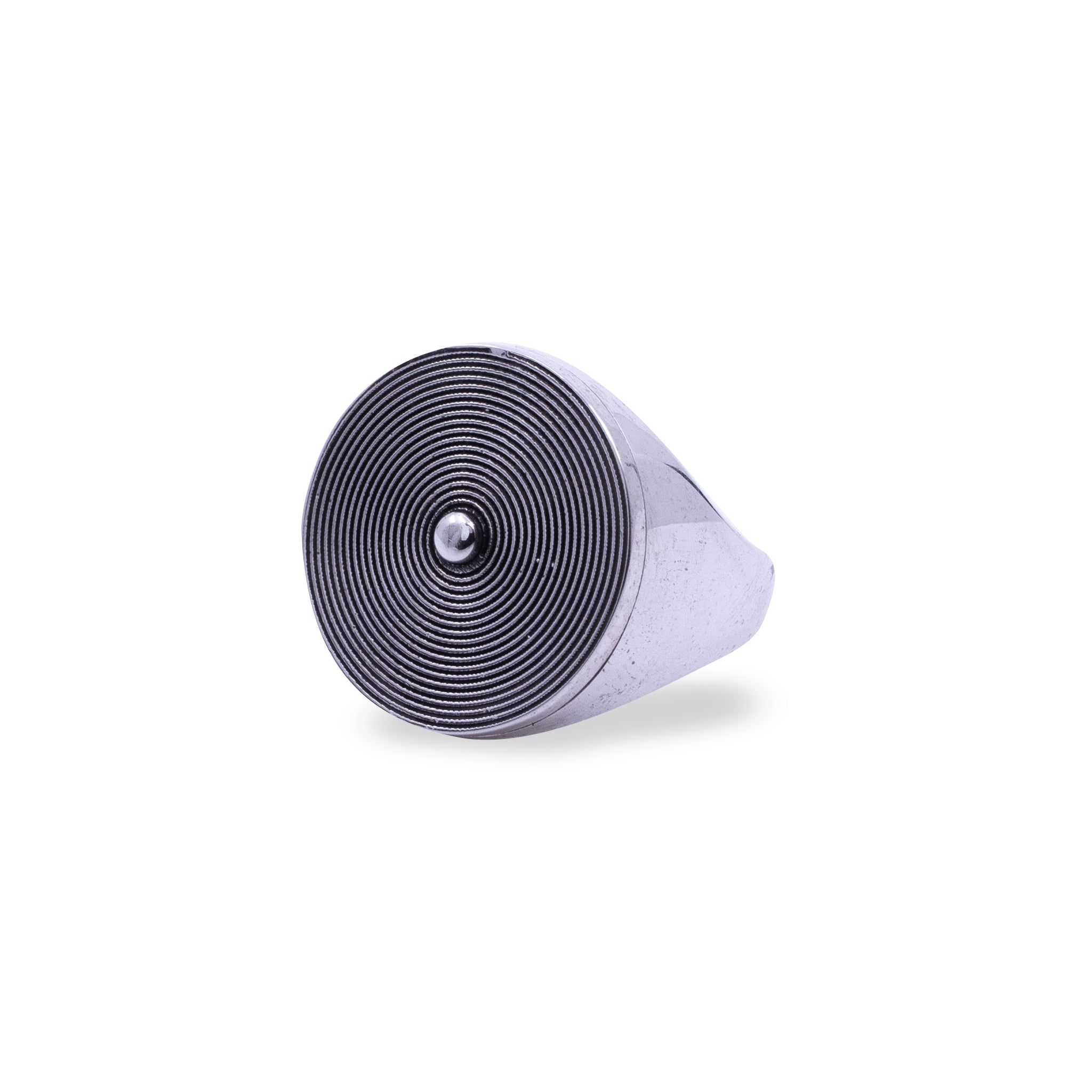 Sterling Silver Vinyl Record Ring with engraved concentric grooves, round blackened detail, handmade silver signet ring.