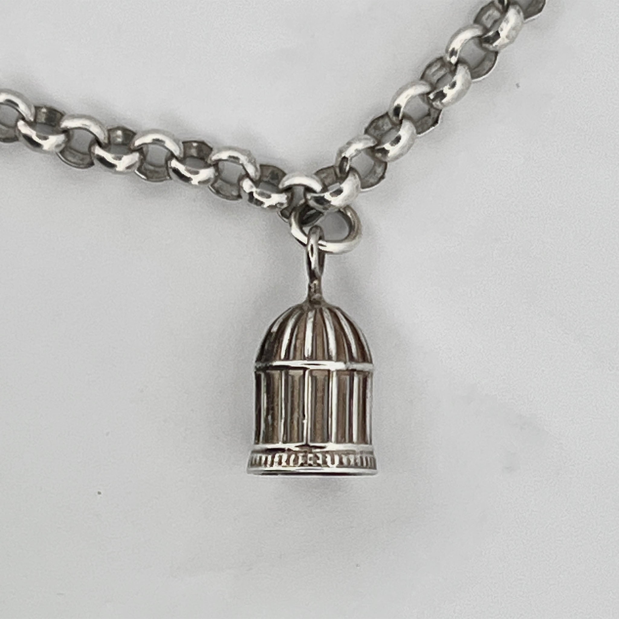 Sterling silver charm necklace featuring miniature birdcage with domed top and vertical bar detailing, suspended from a chunky silver chain.