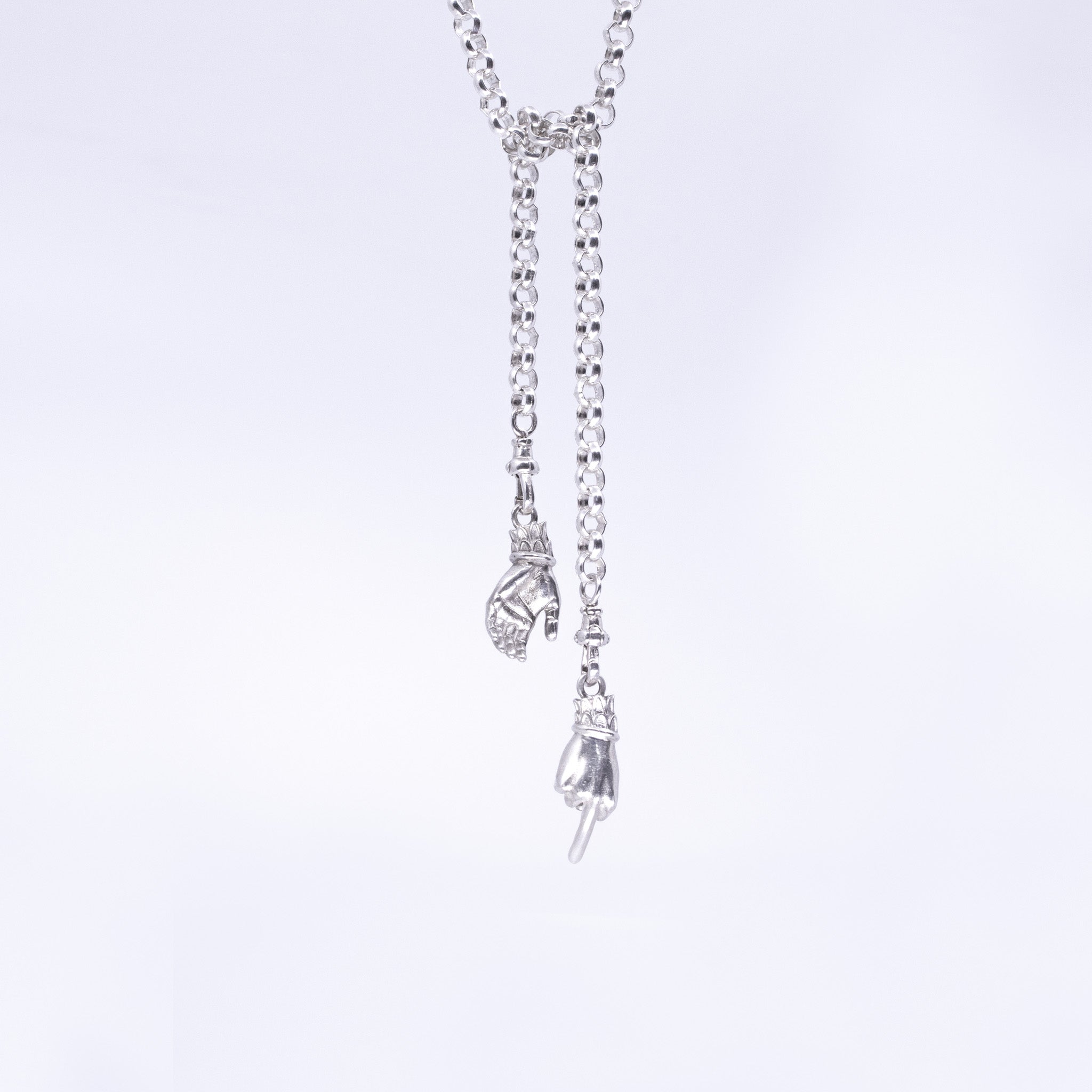 Sterling silver Victorian ladies hand charm necklace with ornate cuffs on heavy chain