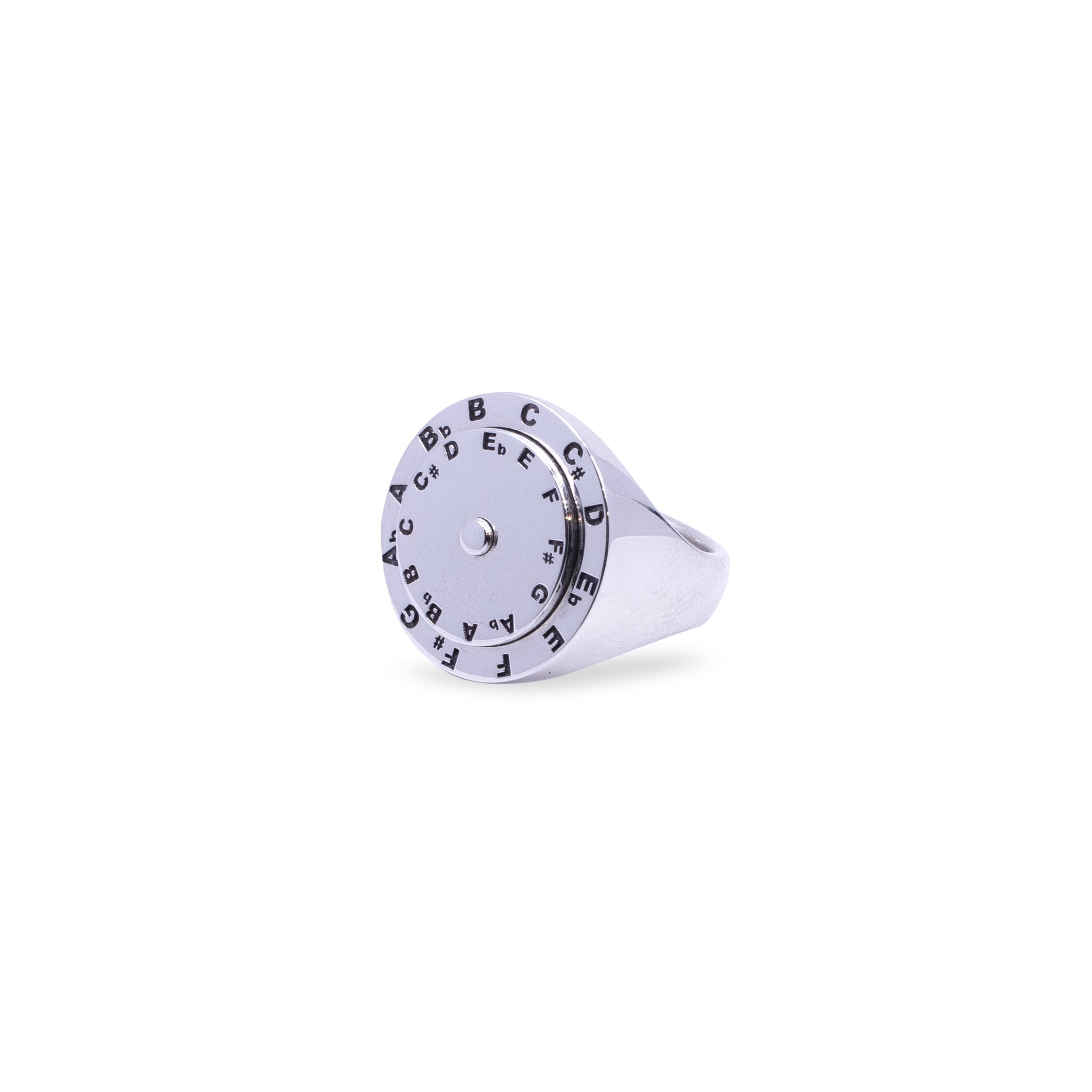 Sterling Silver Music Theory Ring with rotating circle of fifths design, engraved notes and accidentals, handmade silver signet ring.