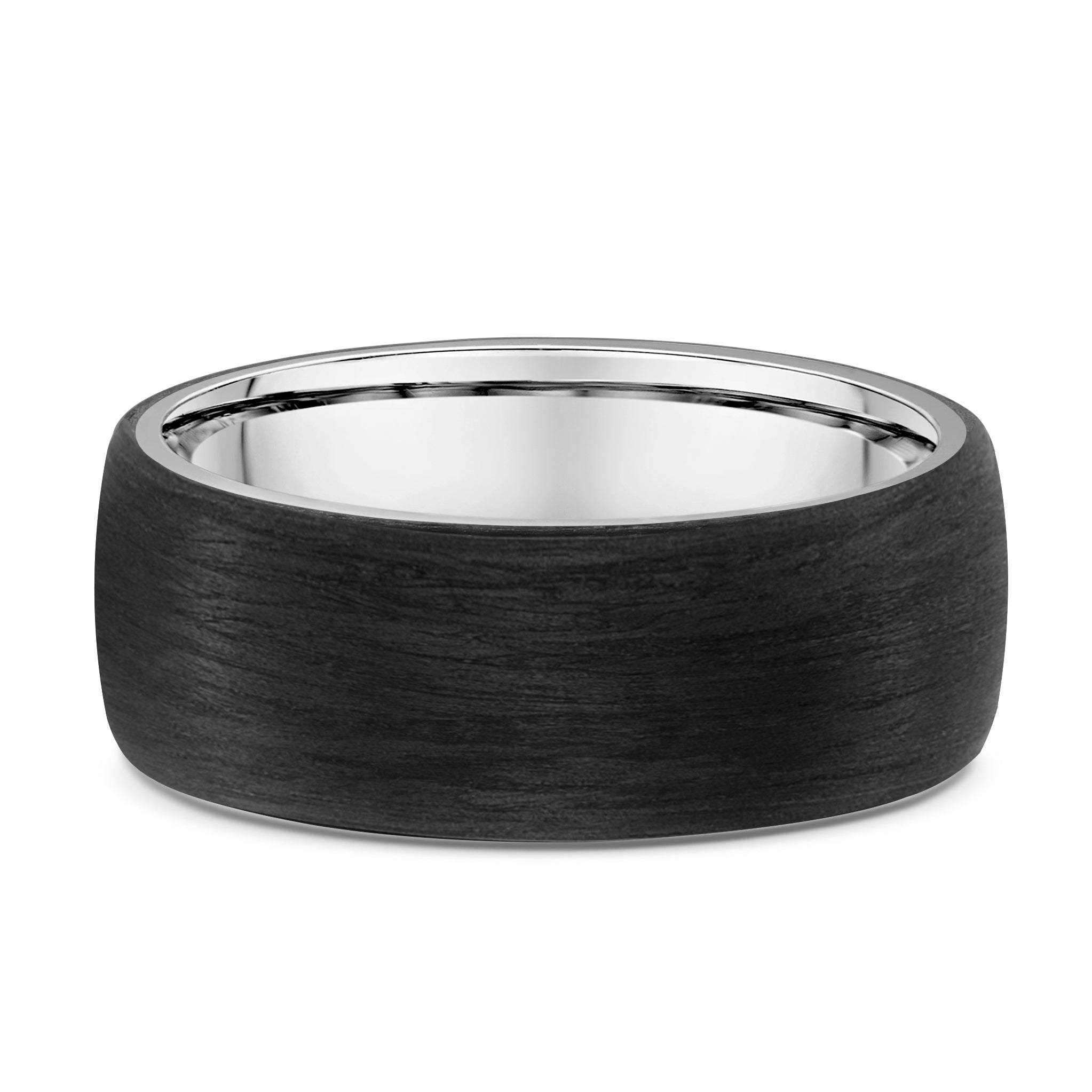 Carbon fibre ring with central matte black band featuring a titanium sleeve, modern men’s wedding band