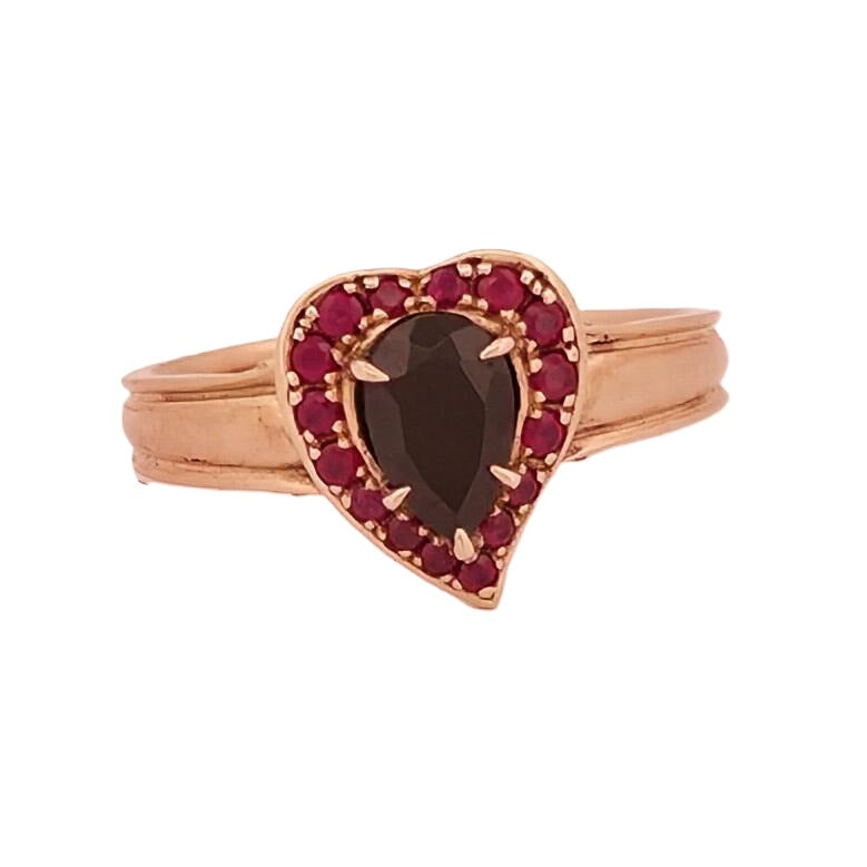 Rose Gold Heart Shaped Ring with Pear Shaped Spinel surrounded by rubies