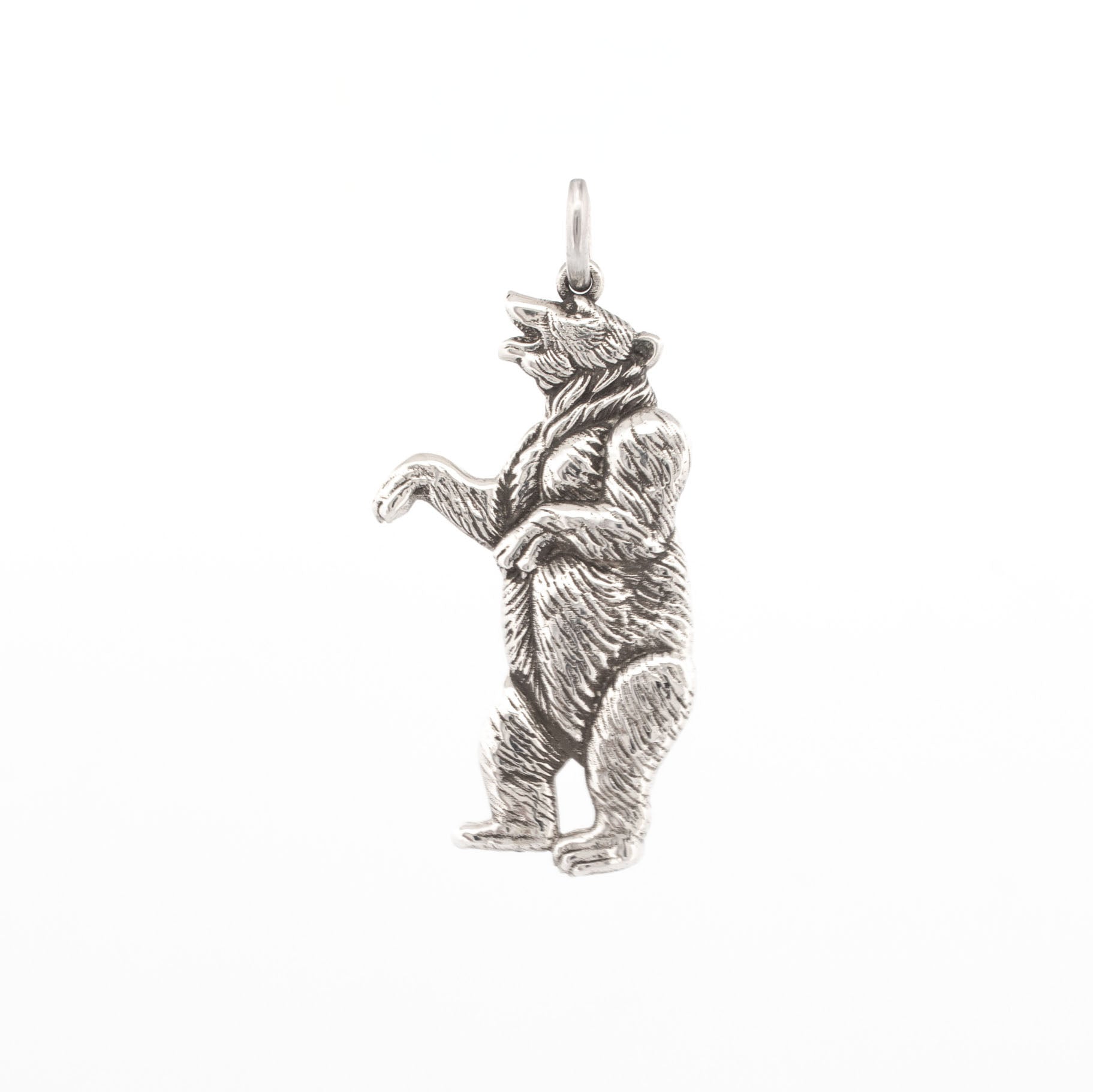 Sterling silver standing bear pendant with detailed fur texture and upright posture.