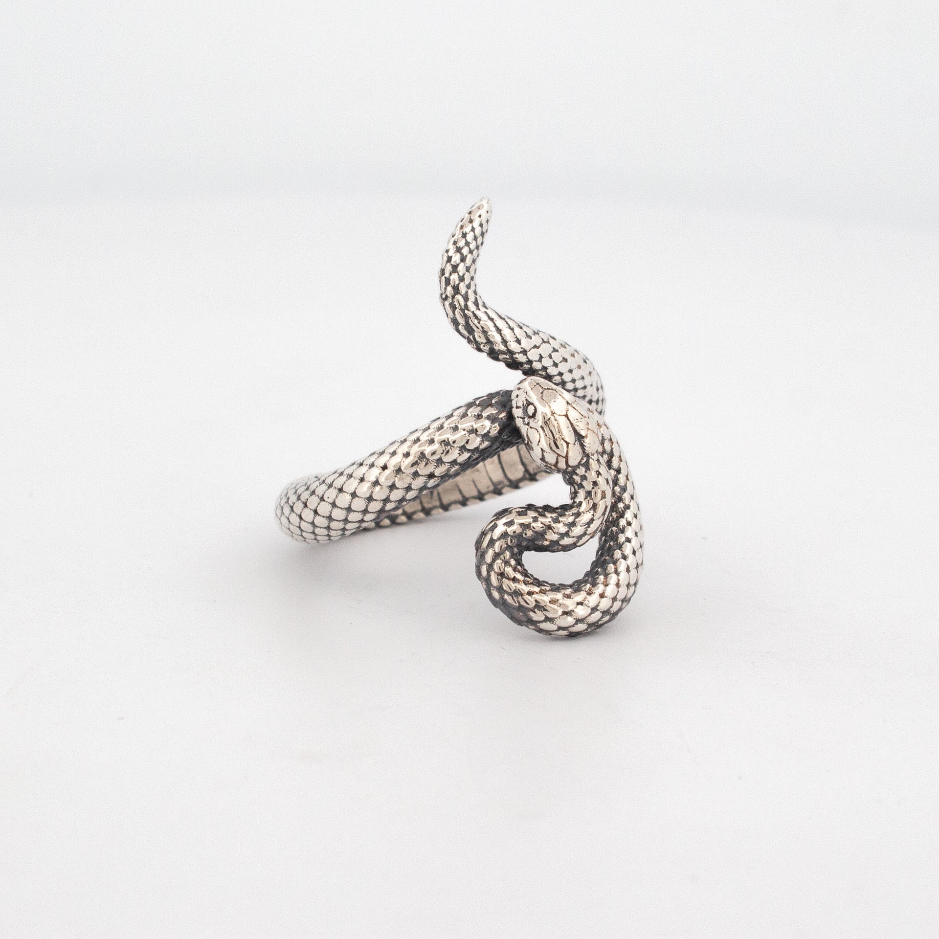 Coiled fine silver snake ring with detailed scale texture and raised head design.