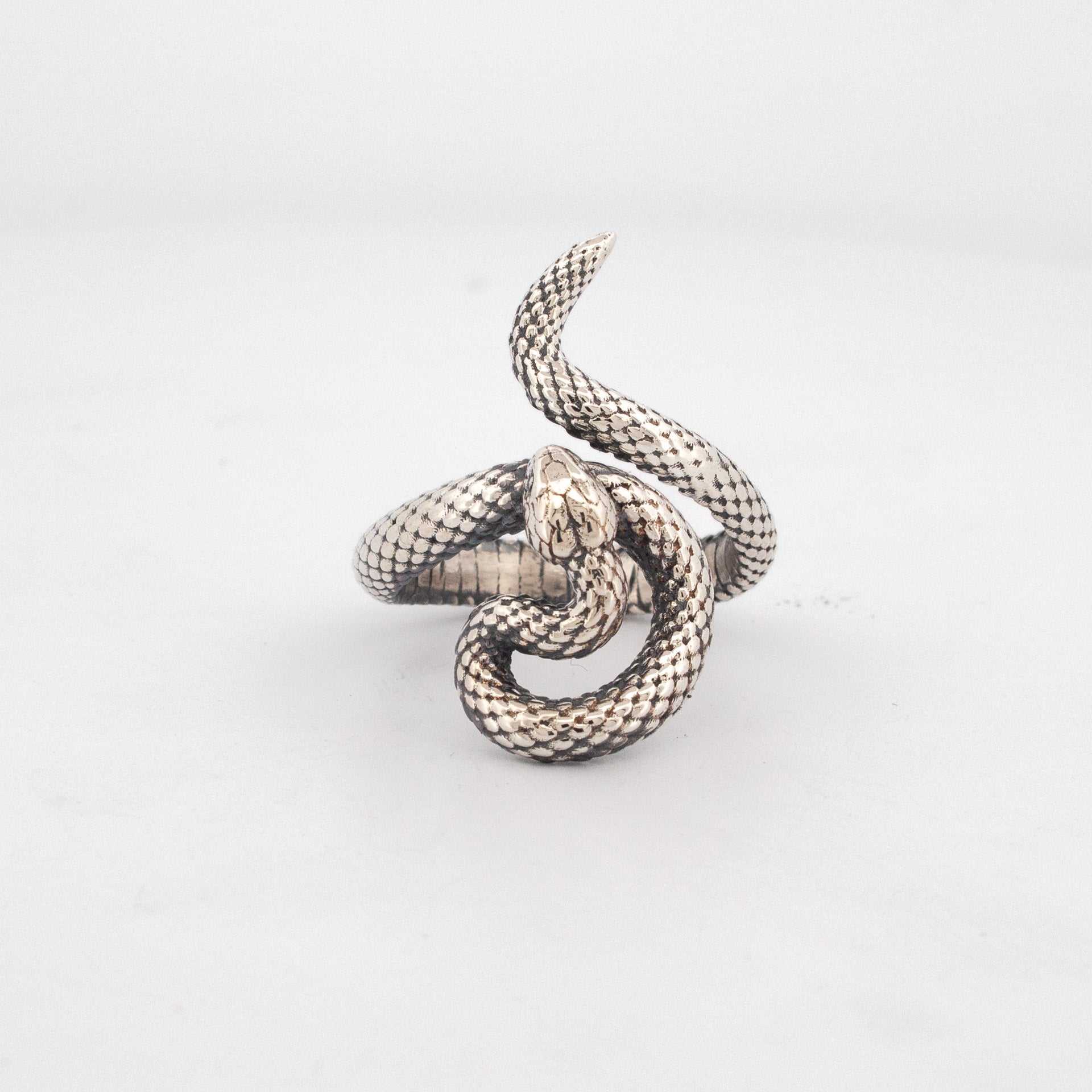 Coiled fine silver snake ring with detailed scale texture and raised head design.