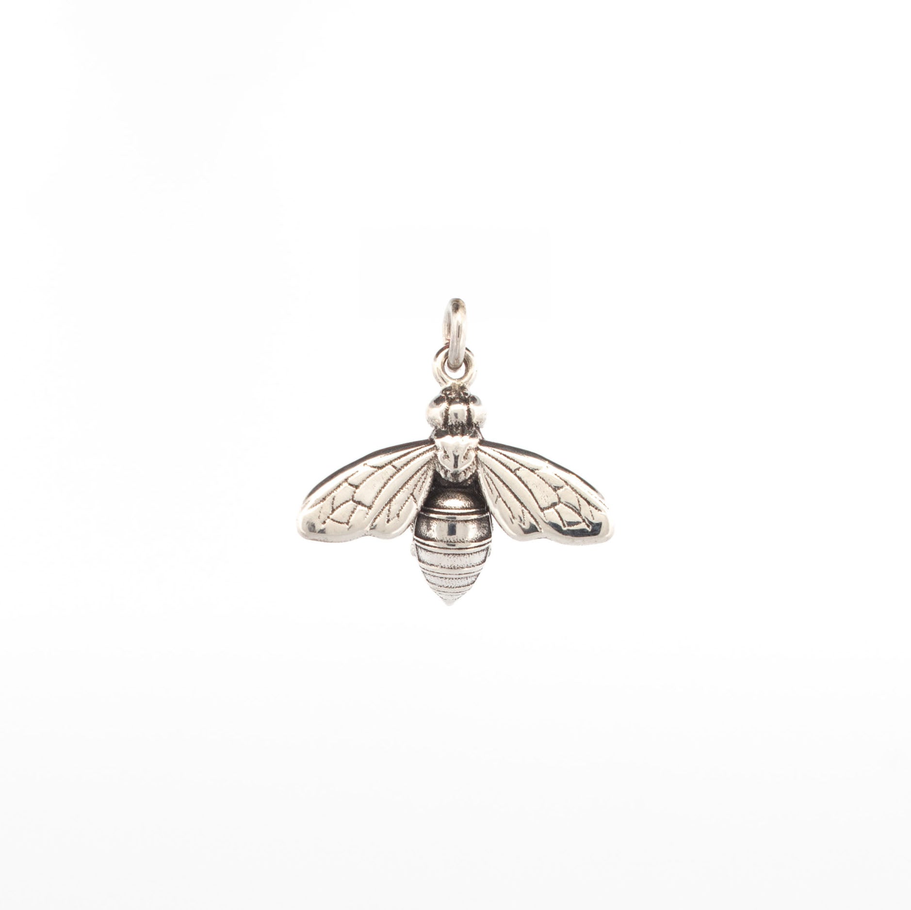 Sterling silver bee pendant with detailed wings and segmented body, polished finish.