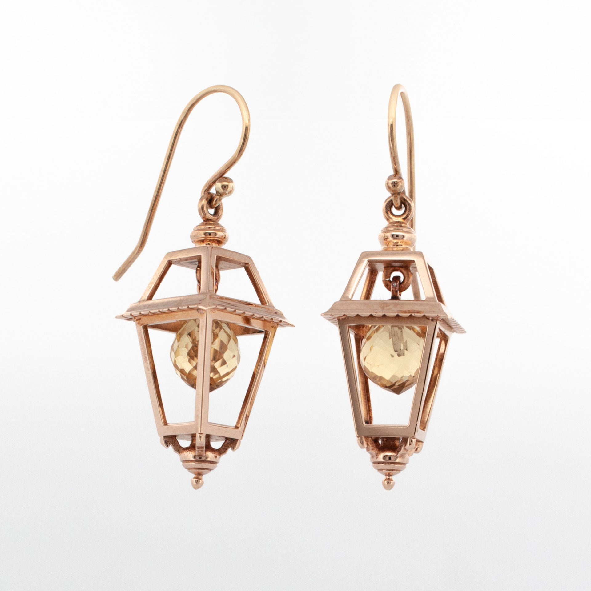 9ct rose gold drop earrings styled as Victorian streetlamps with hanging citrine briolettes, handcrafted vintage-inspired design