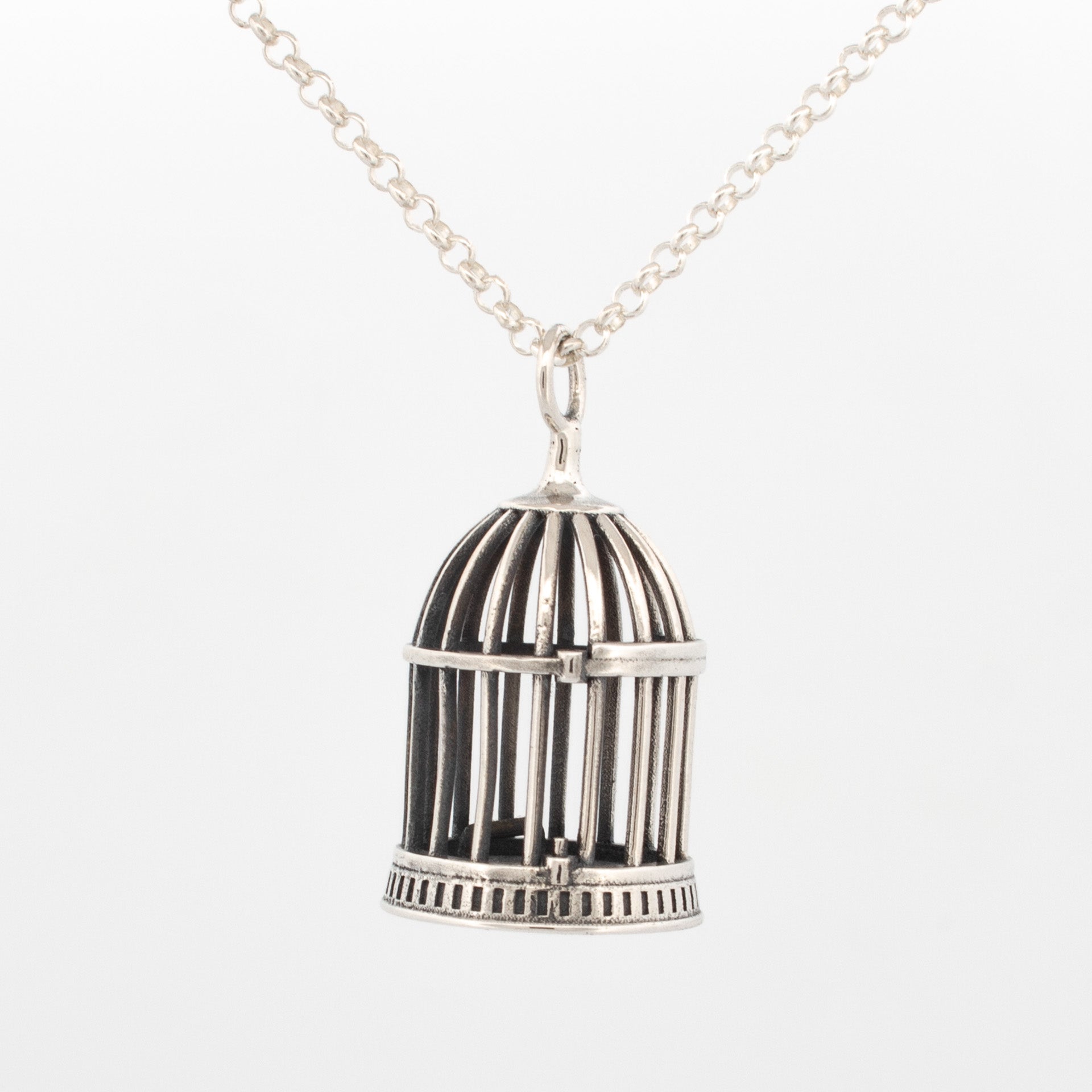 Sterling silver birdcage pendant necklace, 40mm high x 25mm wide