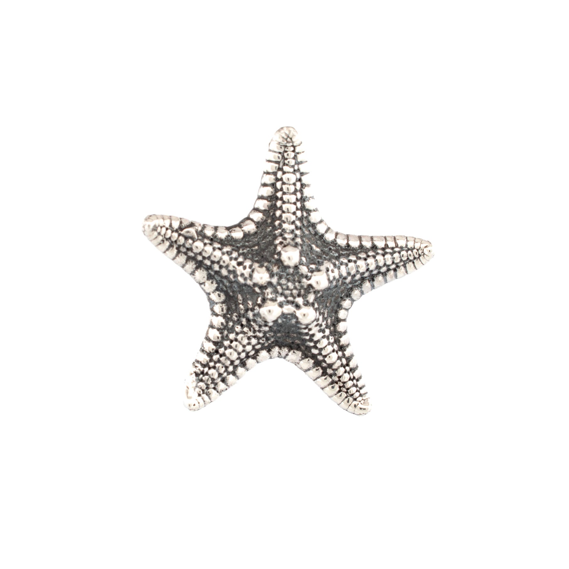 Textured sterling silver starfish pendant with high-relief detailing and oxidised finish.