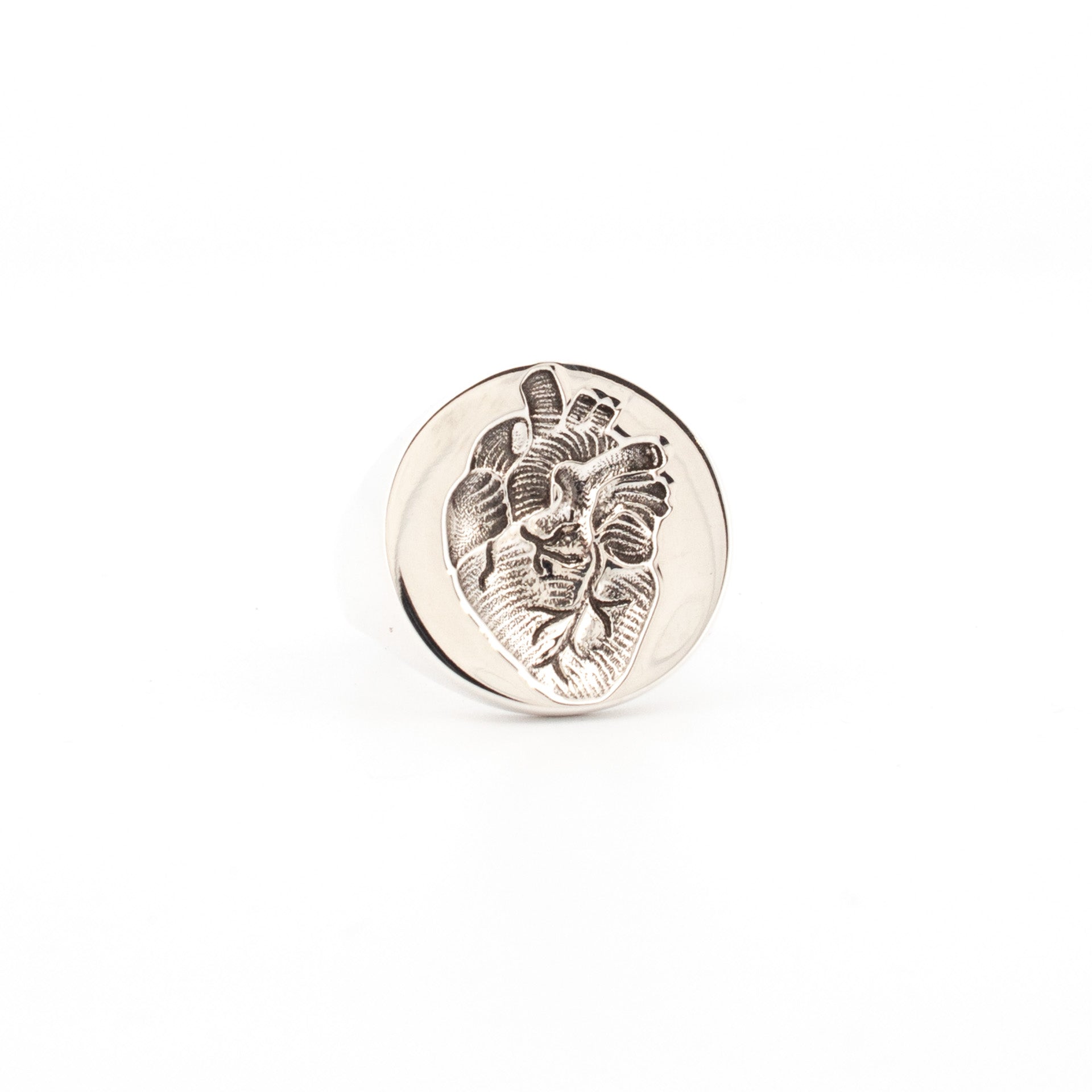 Sterling silver anatomical heart wax seal ring, engraved signet jewellery handmade in Newtown.