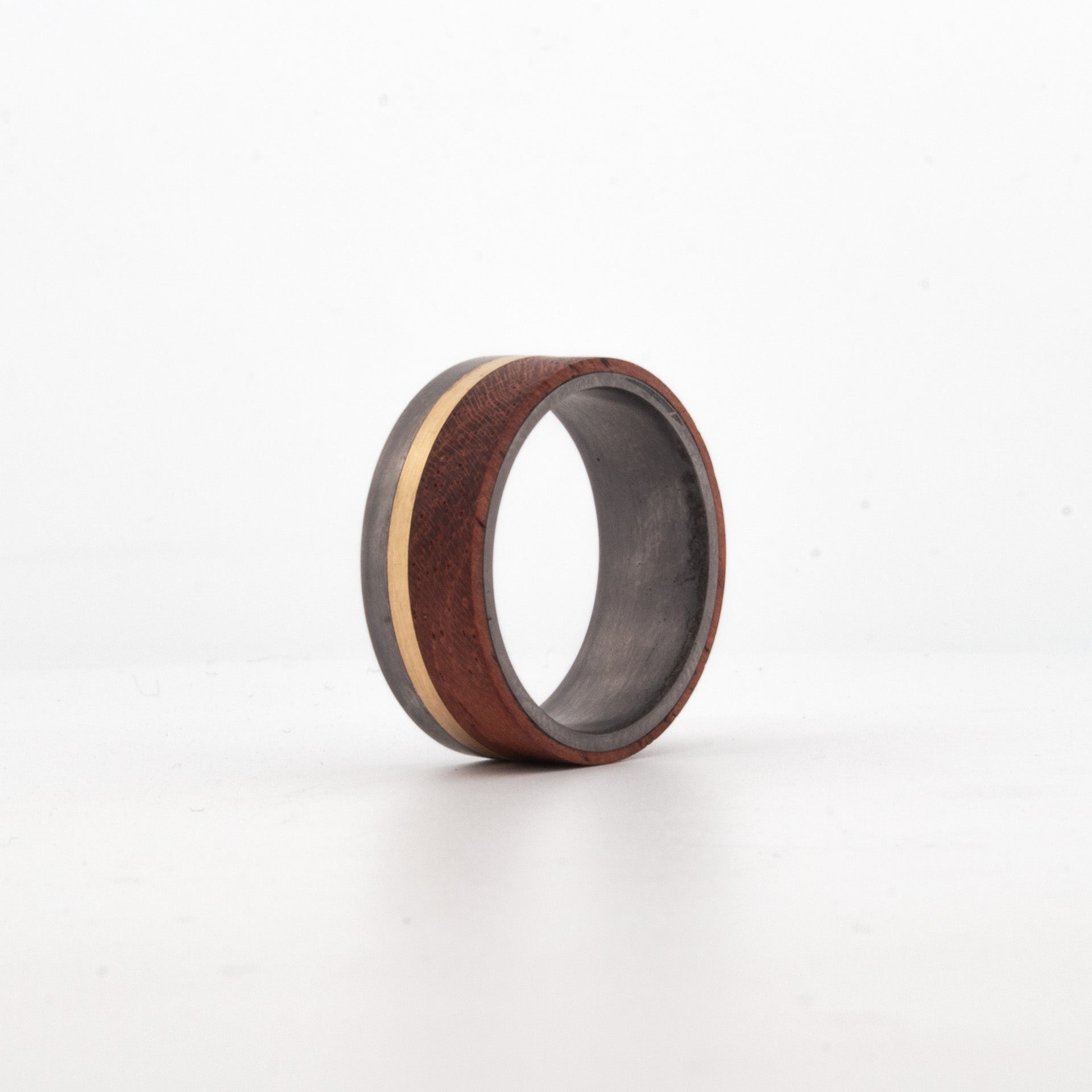 Tantalum ring with inlaid yellow gold stripe and Ironbark wood, flat profile and matte finish, custom handmade men’s ring