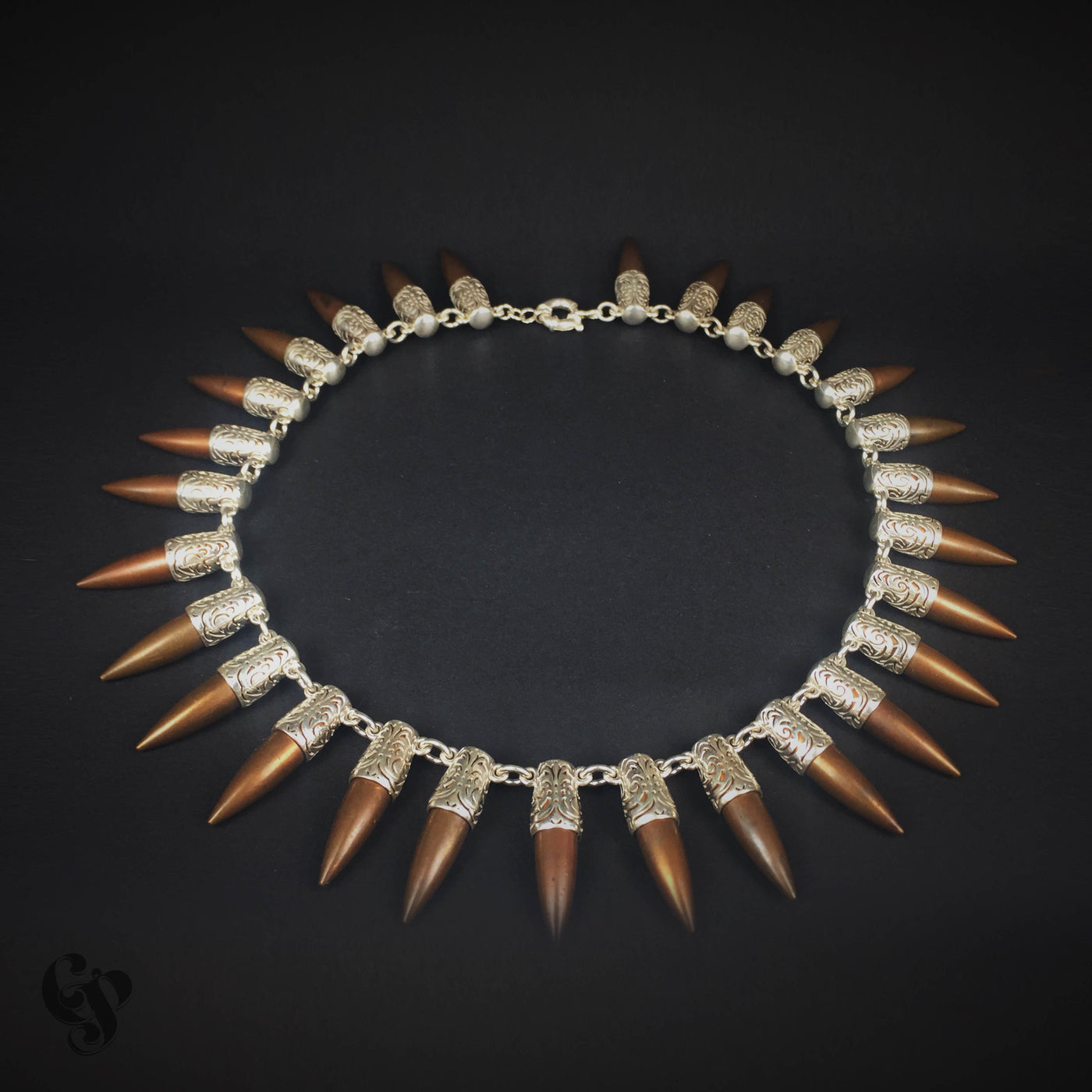 Sterling silver necklace with real bullet pendants and engraved silver caps