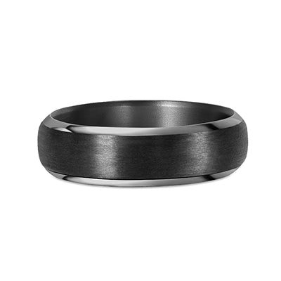 Carbon fibre ring with central matte black band framed by polished tantalum edges, modern men’s wedding band