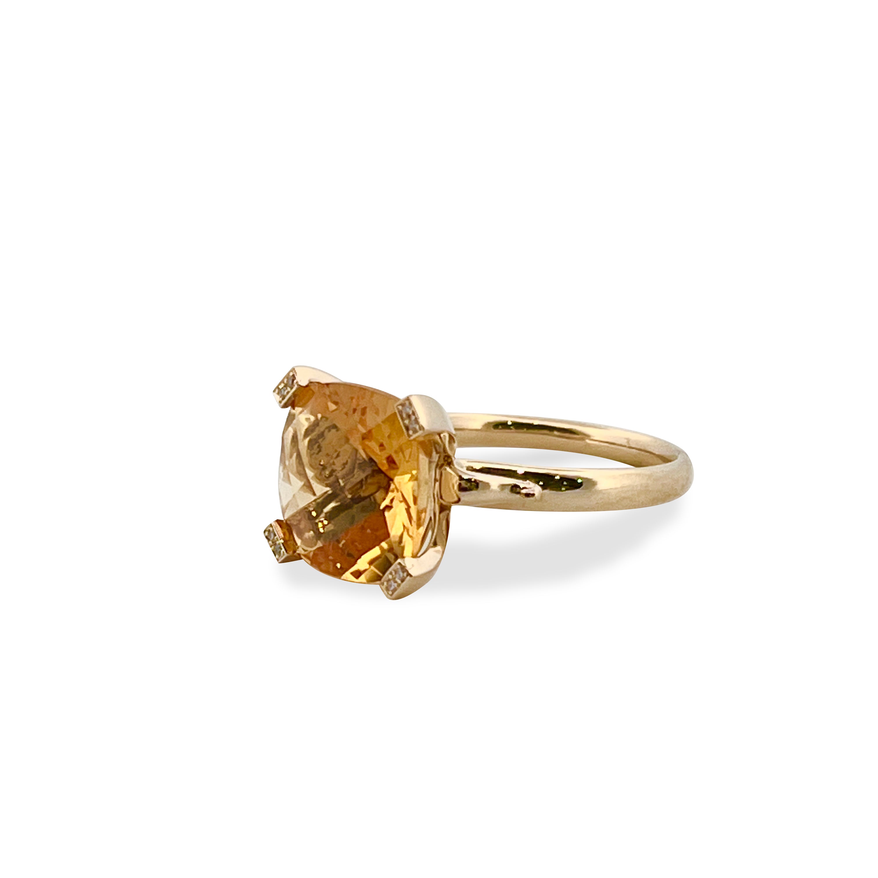 9ct yellow gold ring with 10mm cushion-cut checkerboard citrine and diamond-set claw tips.