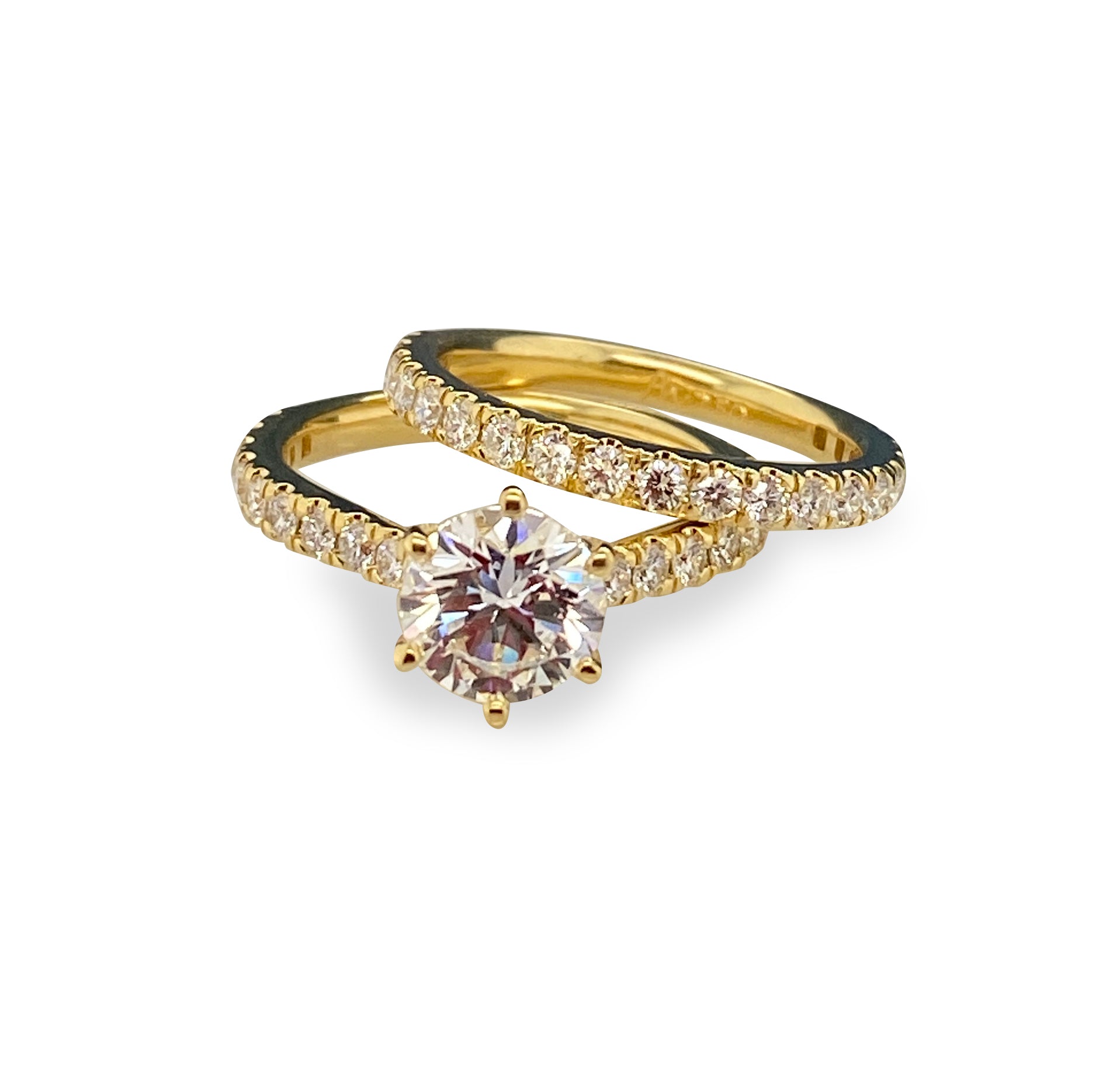 18ct yellow gold bridal set with round natural diamond engagement ring and pavé set diamond wedding band, handmade engagement rings Sydney.