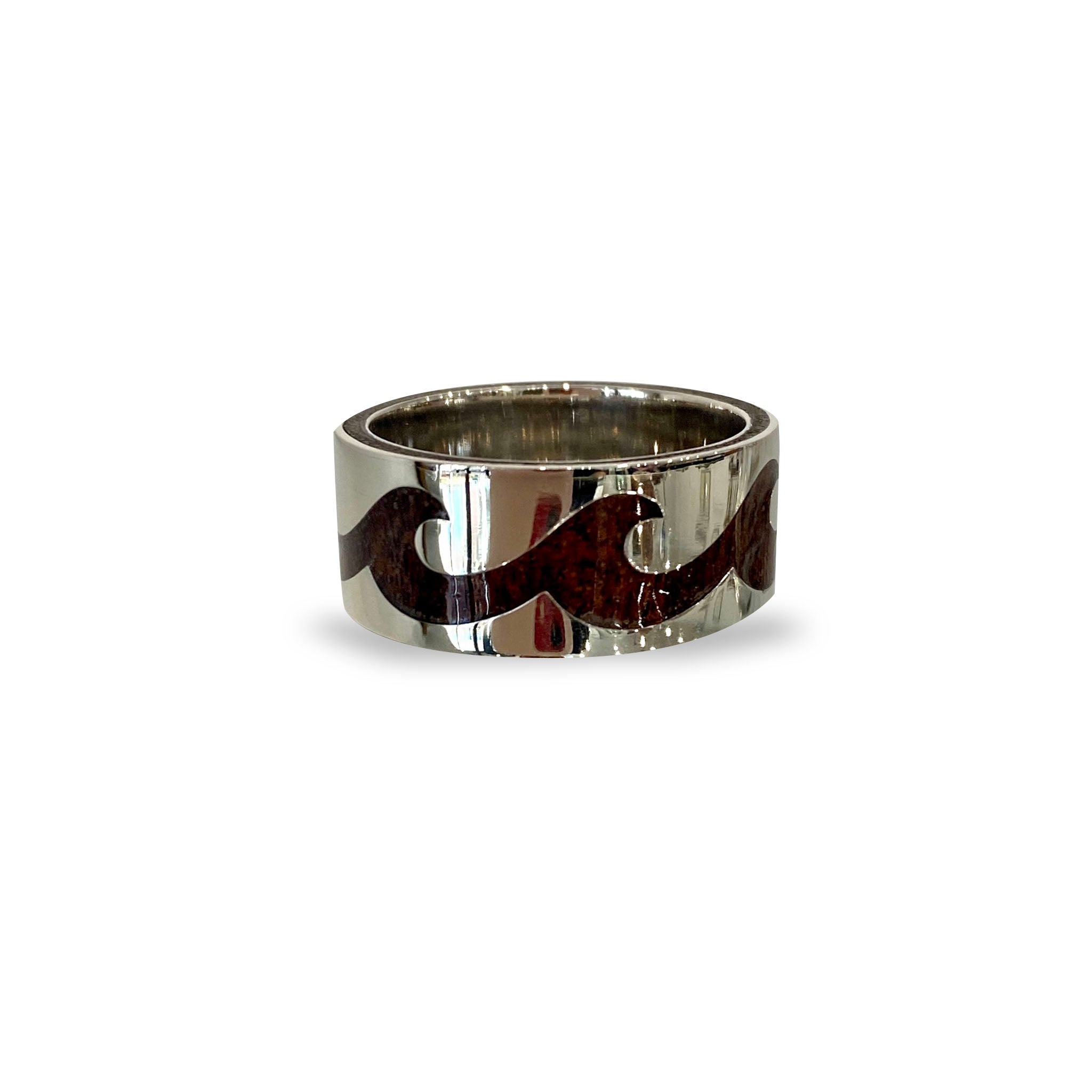 Custom ring with outer sleeve of native Ironbark wood framed by white gold wave pattern, reinforced with inner gold sleeve for strength and durability.