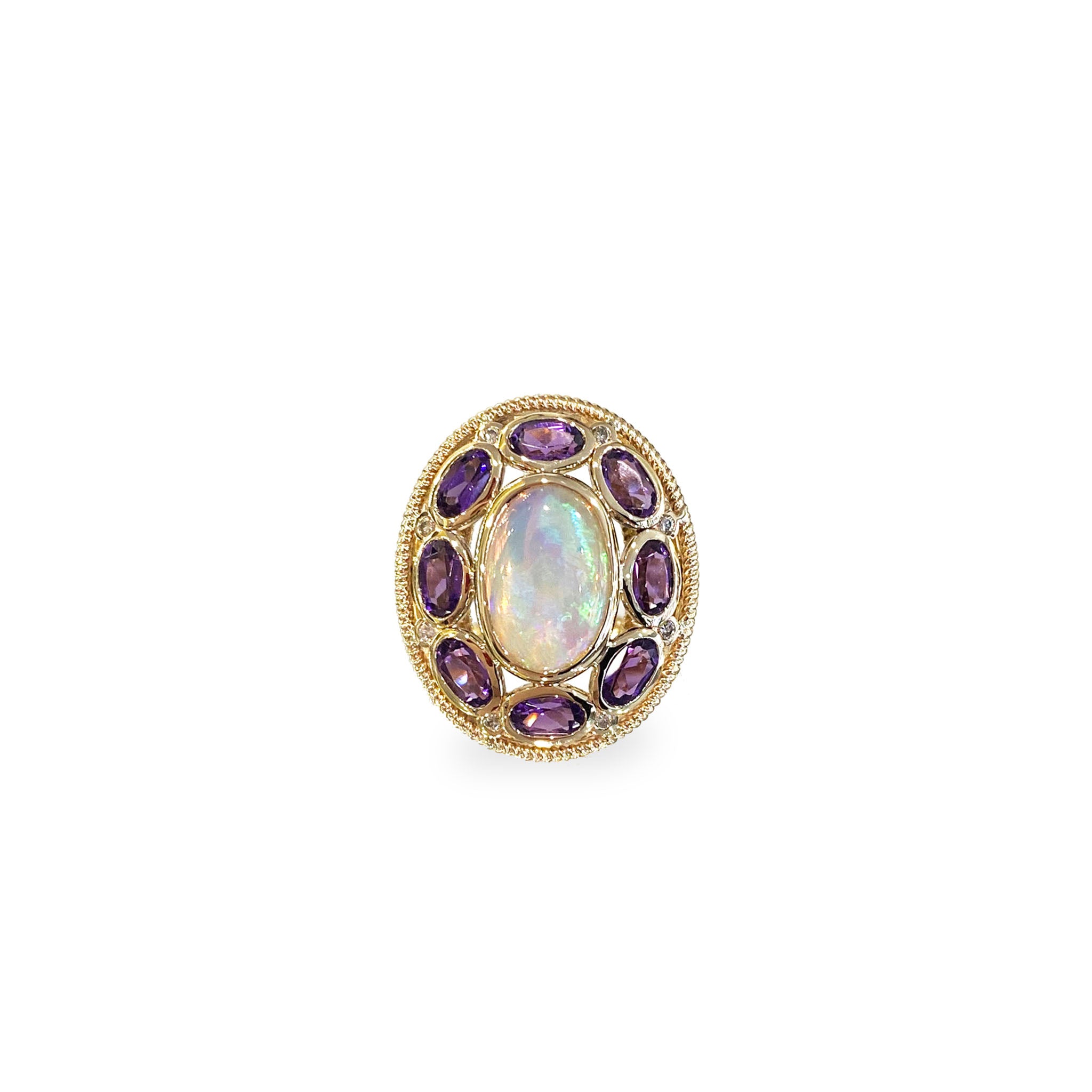 Yellow gold ring featuring central oval cabochon opal surrounded by eight oval-cut amethysts and small diamond accents, crafted using client’s existing gemstones and gold.