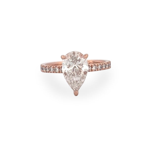 18ct rose gold ring with 2ct pear-shaped diamond and brilliant cut diamond shoulders, handmade engagement ring Sydney.