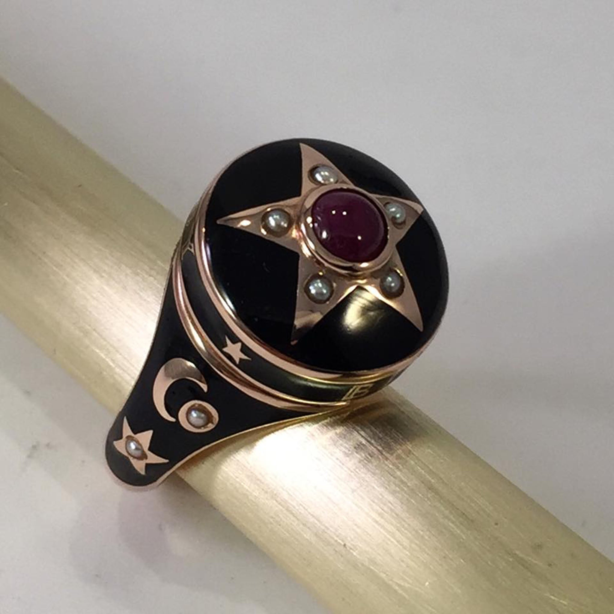 Rose Gold Garnet Seed Pearl and Black Enamel Memorial Ring